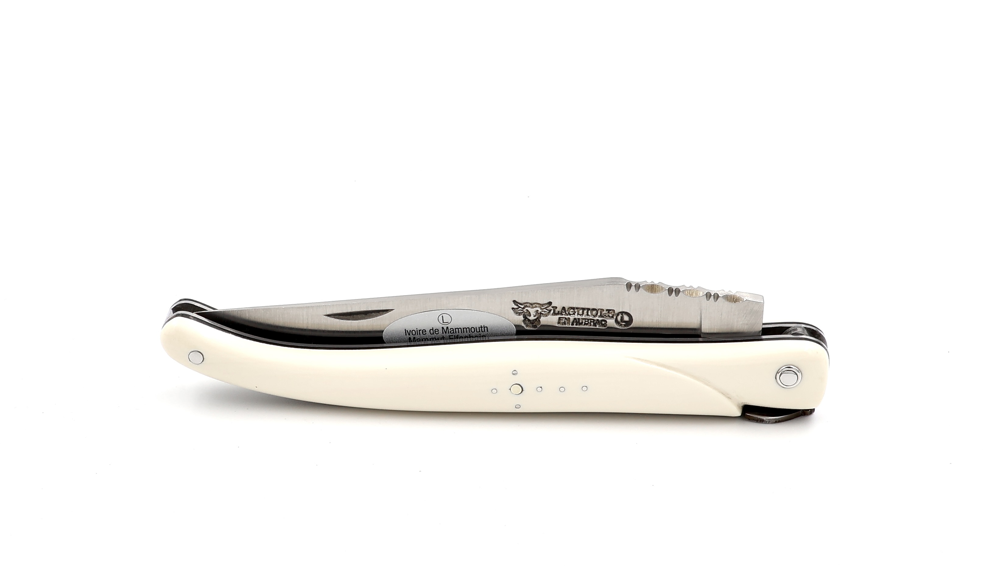 Laguiole en Aubrac mammothivory full handle Queen bee chiseled plates 12 cm