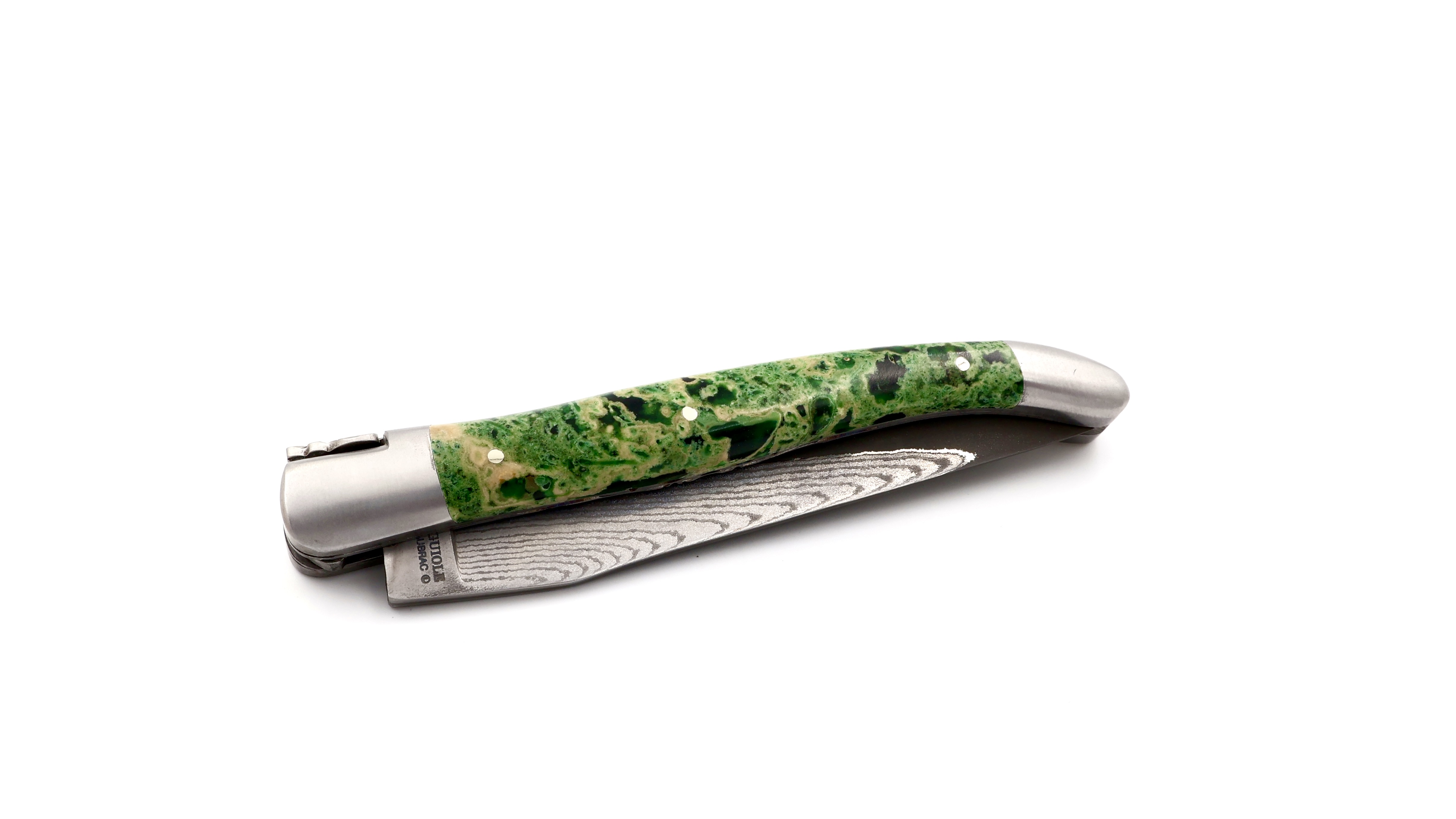 Laguiole en Aubrac Laguiole  VG10 damascus knife green lavastone doubelplates 12 cm