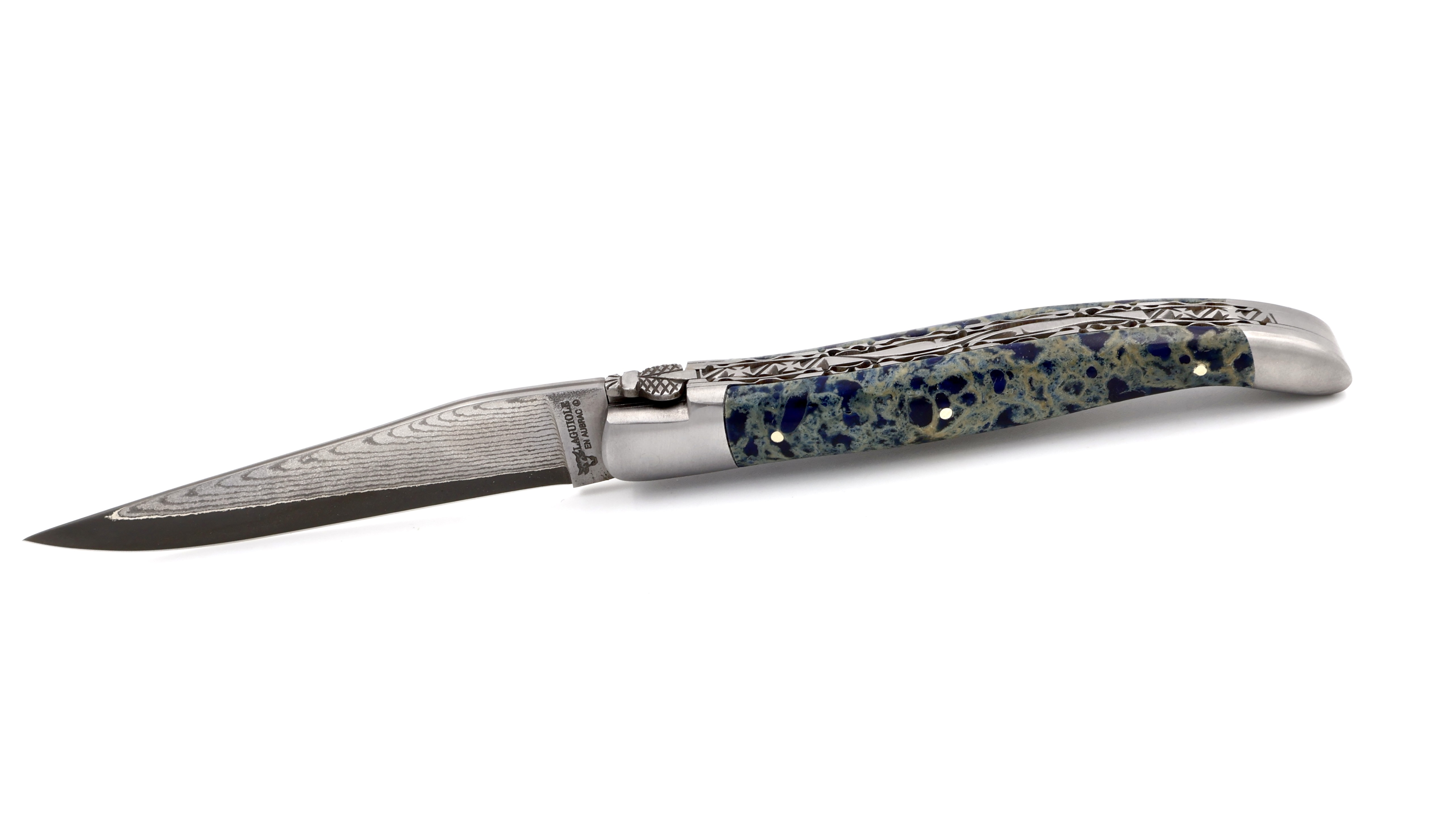 Laguiole en Aubrac jap. Damast  blauer Lavastein Doppelplatine 12 cm  Laguiole en Aubrac jap. Damast  blauer Lavastein Doppelplatine 12 cm