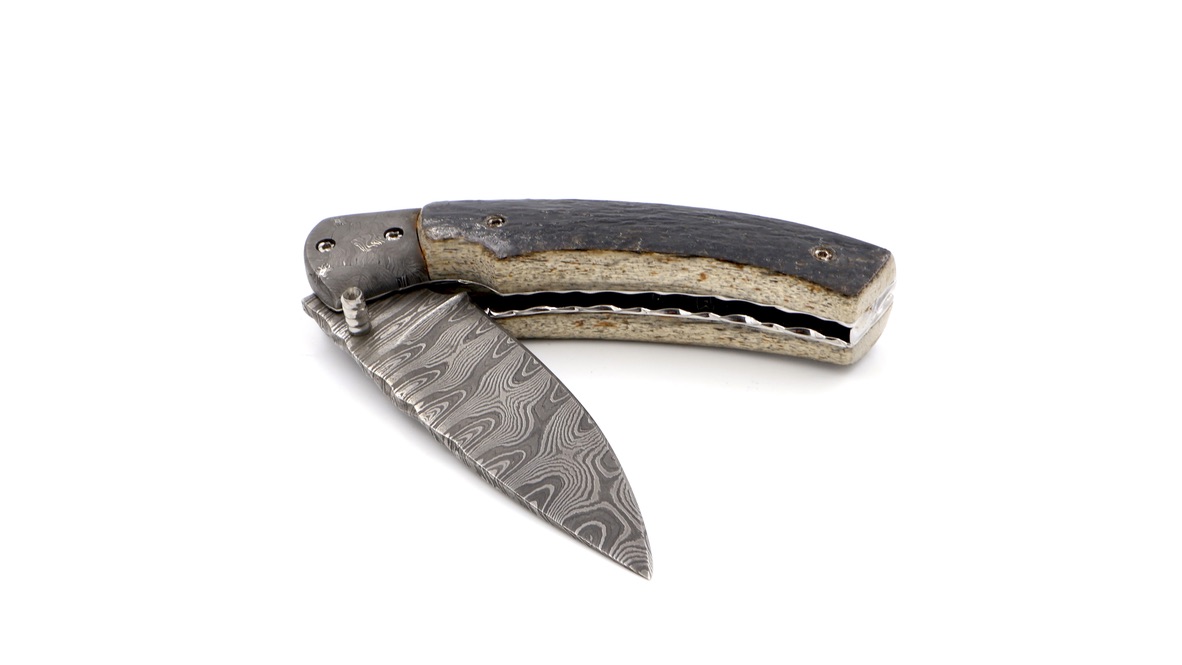 Olivier Moretti Linerlock Taschenmesser Mammutknochen Damastklinge Olivier Moretti Linerlock Taschenmesser Mammutknochen Damastklinge