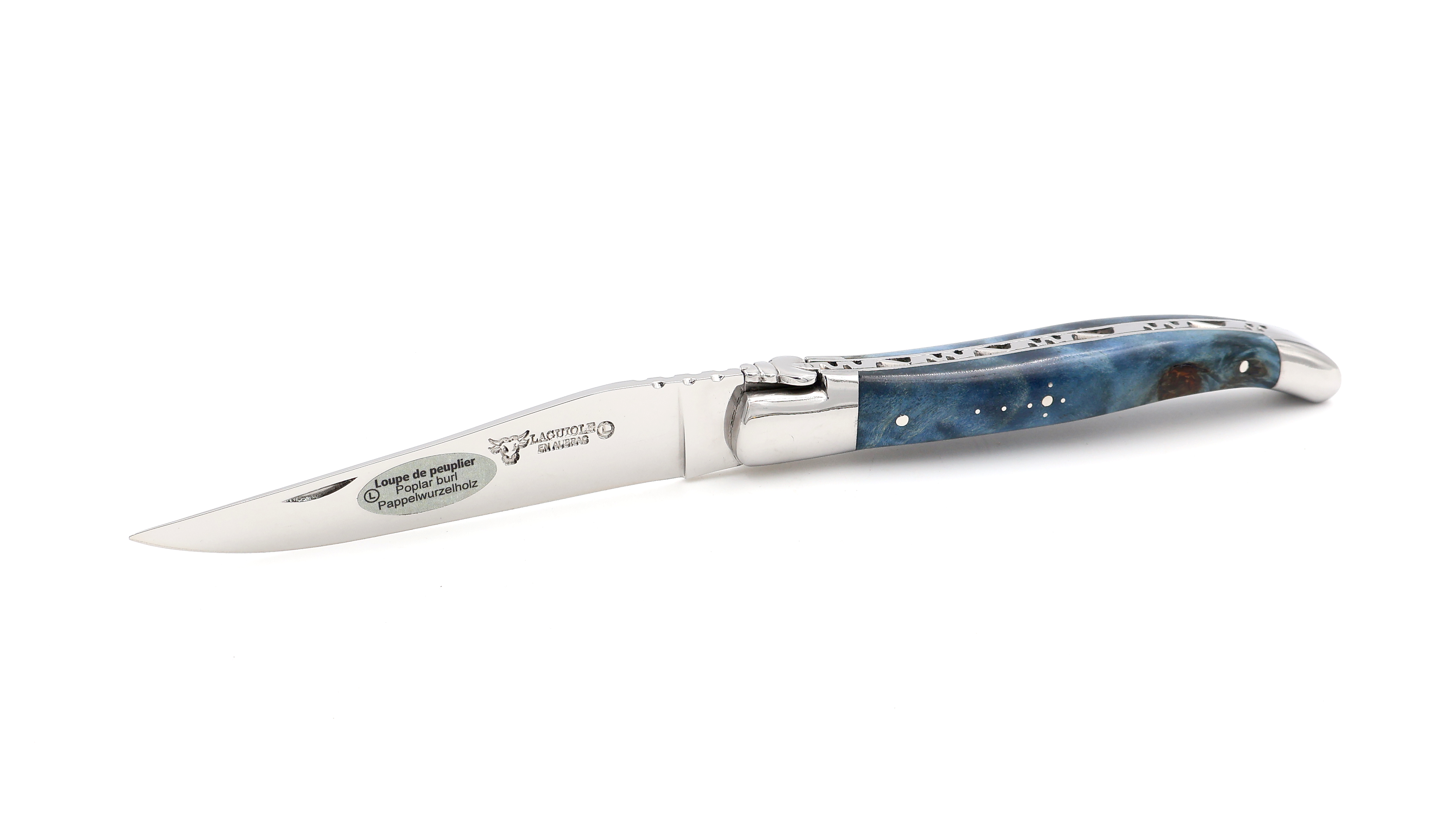 Laguiole en Aubrac Pappel Wurzelholz blau poliert 12 cm