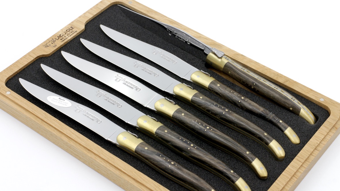 Laguiole en Aubrac fossile Mooreiche Messing Laguiole Steakmesser Set