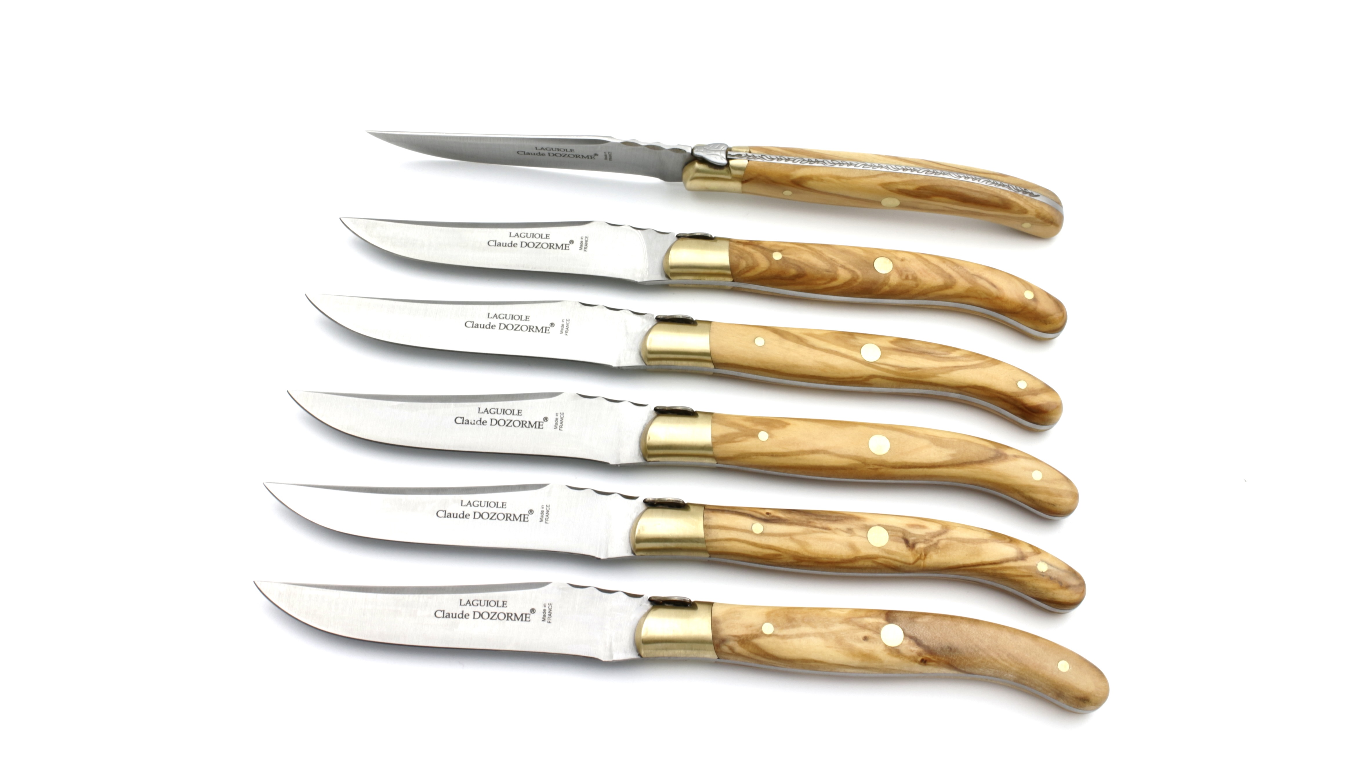 Claude DOZORME Laguiole steak knives set of 6 olive wood. brass bolsters