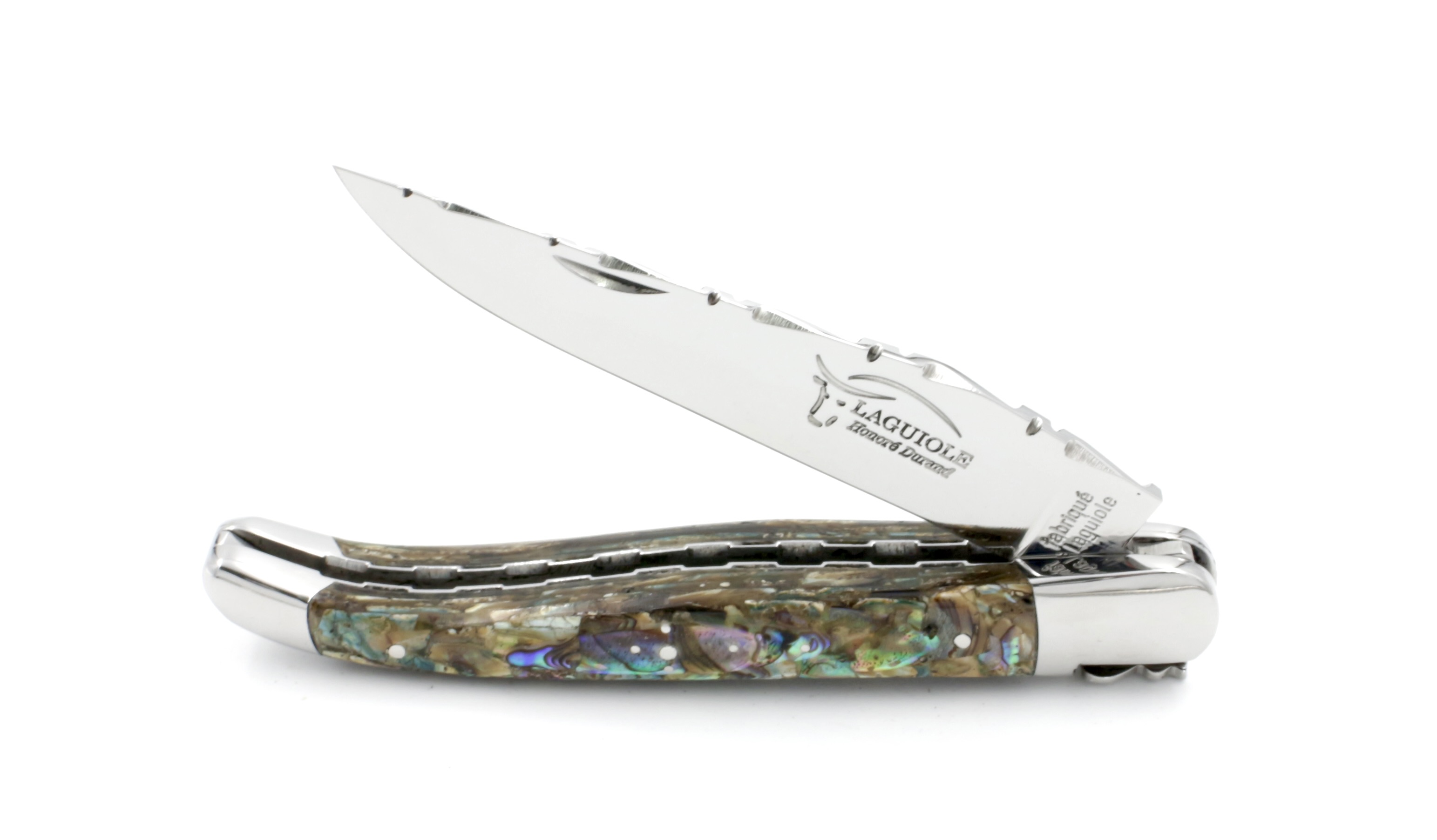 Honoré Durand Laguiole knife Prestige chiseled plates Abalone shiny 14C28 12 cm