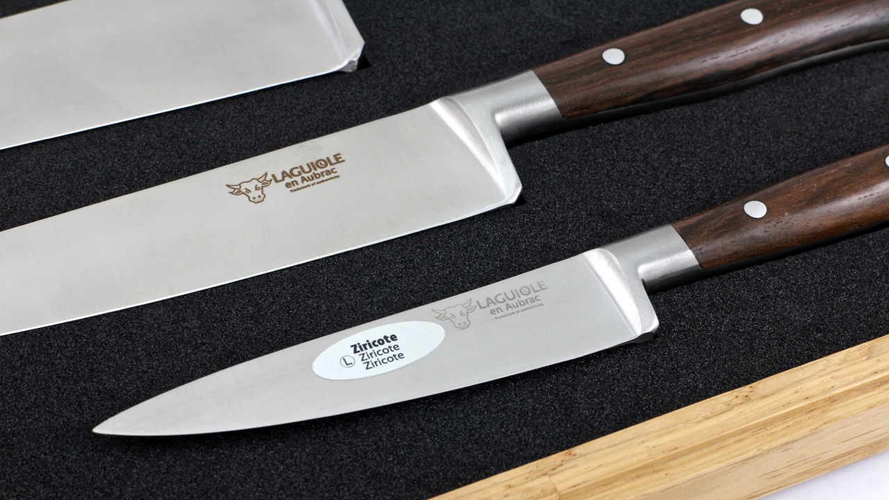 Laguiole en Aubrac Ziricote Set of 3 kitchen knives 10 cm 15 cm 20 cm