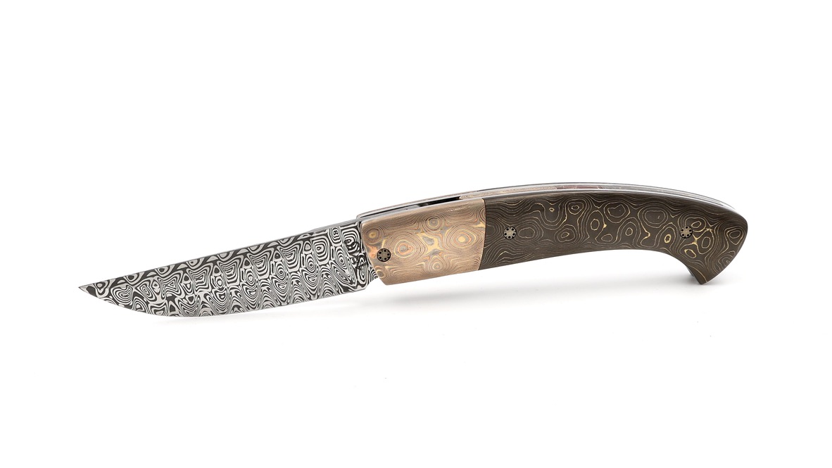 MANU LAPLACE 1515 Drop carbon water brass & mokume gane damascus Damascus blade