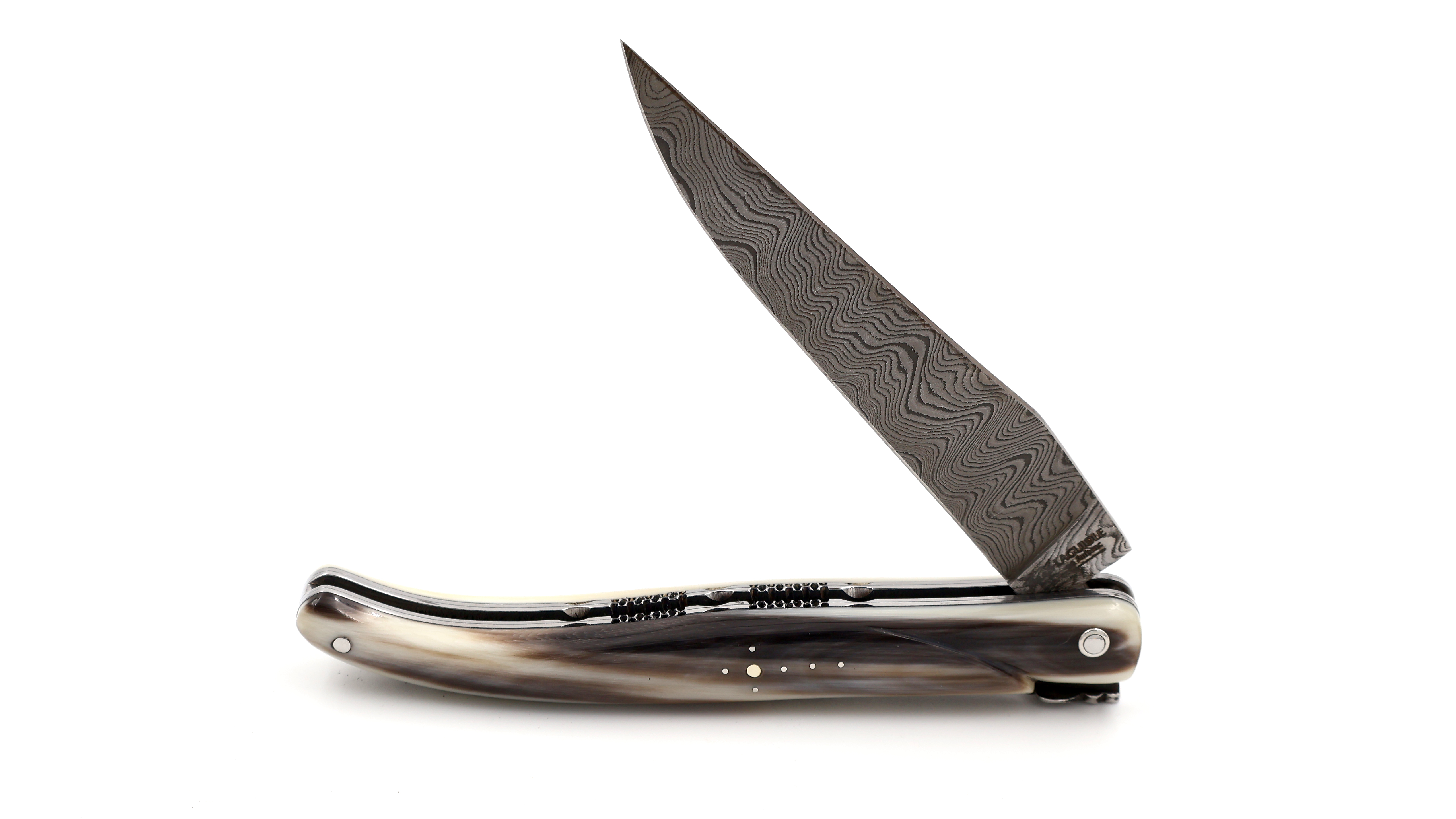 Laguiole en Aubrac Damast Hornspitze massiv Doppelplatine 12 cm