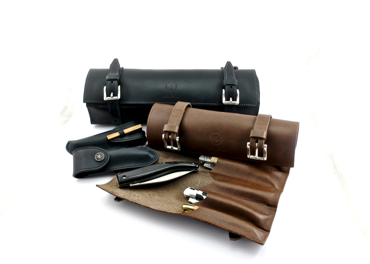 Sammelrollen-schwarz-und-choco MAX CAPDEBARTHES Messeretasche/Sammeltasche für 6-24 Klappmesser aus Leder Choco, Schwarz oder Hellbraun
