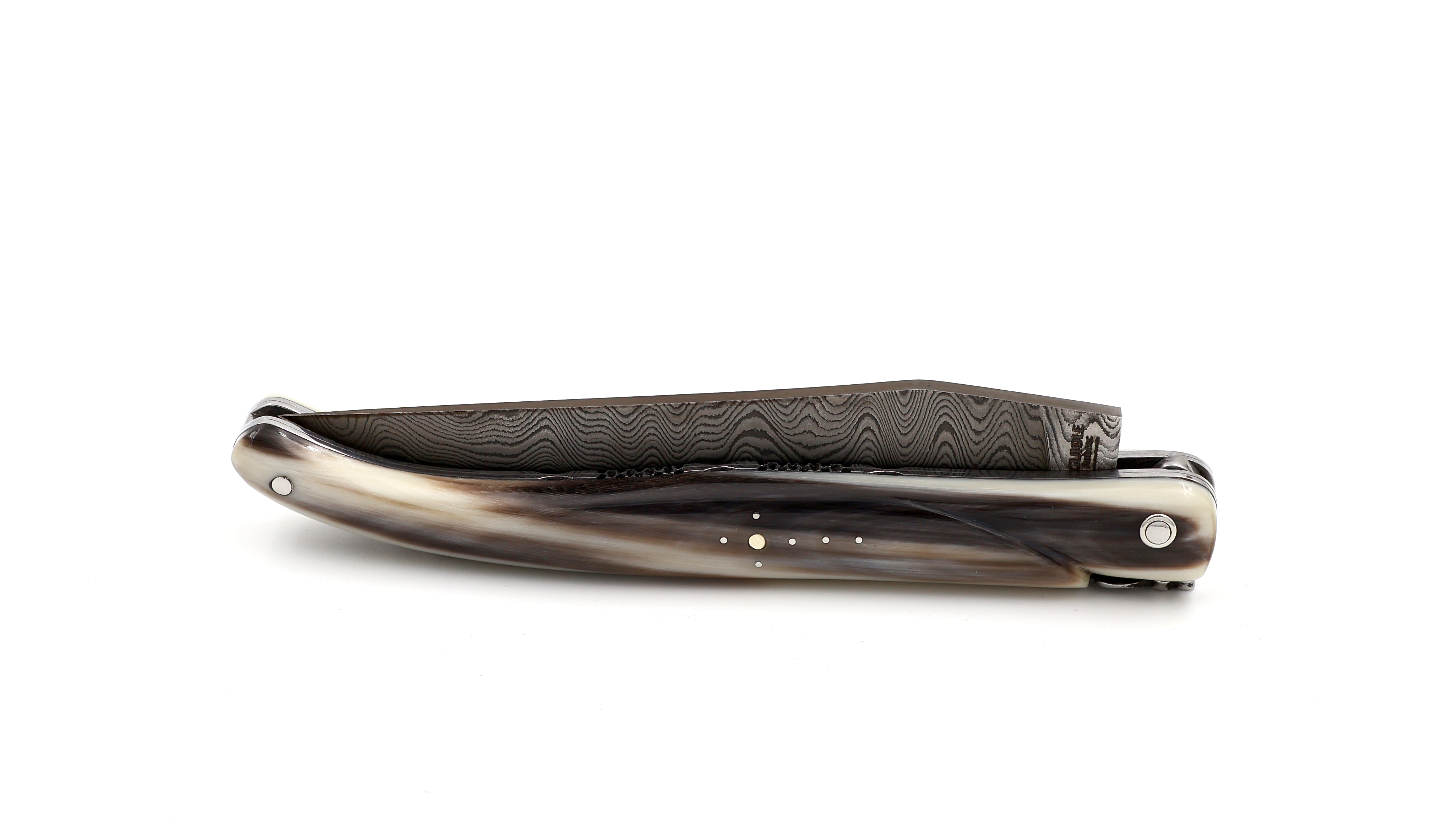 Laguiole en Aubrac Damast Hornspitze massiv Doppelplatine 12 cm