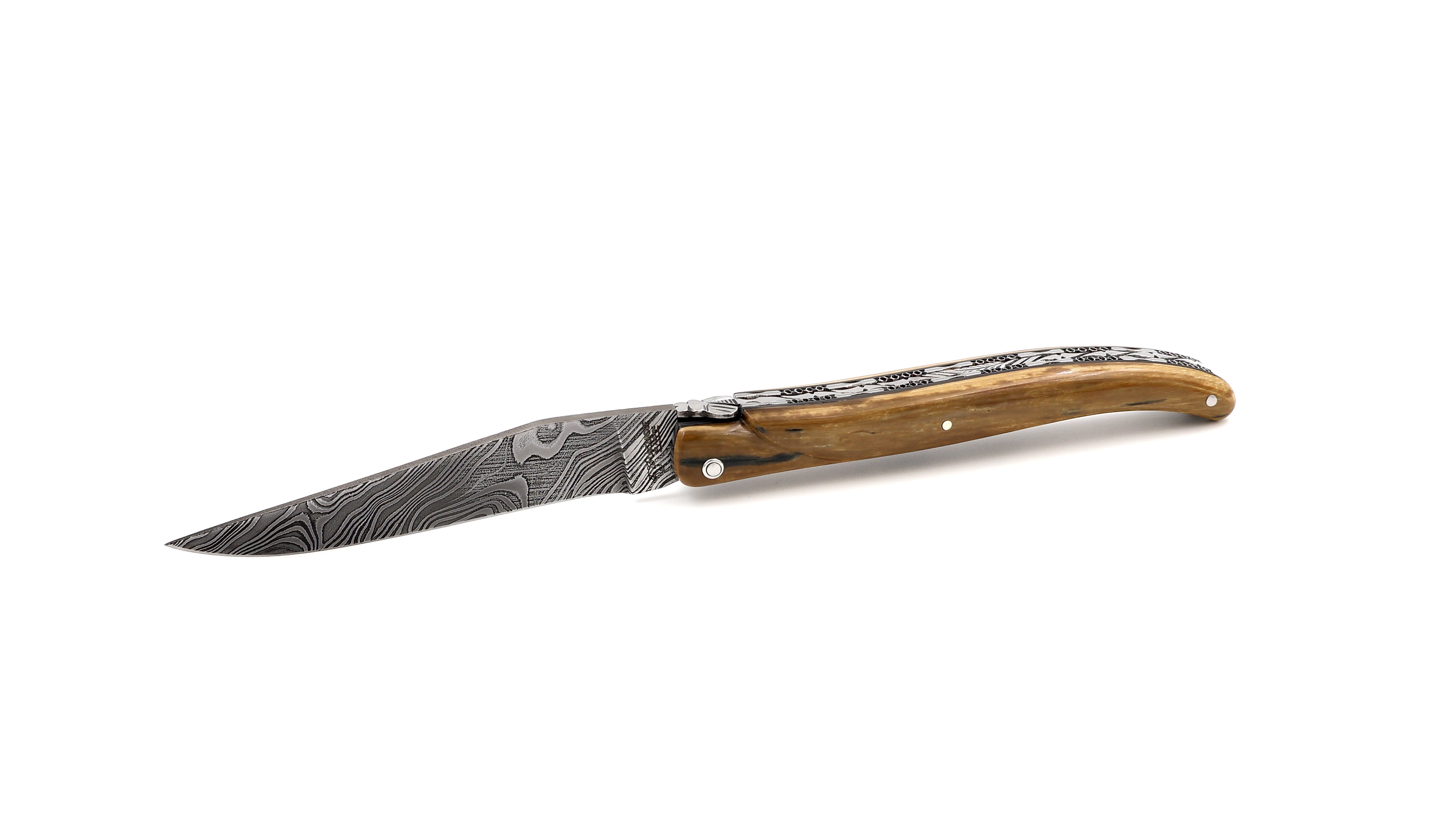 Laguiole en Aubrac Twisted-Damast Mammutelfenbein Kruste massiv Doppelplatinen 12 cm 