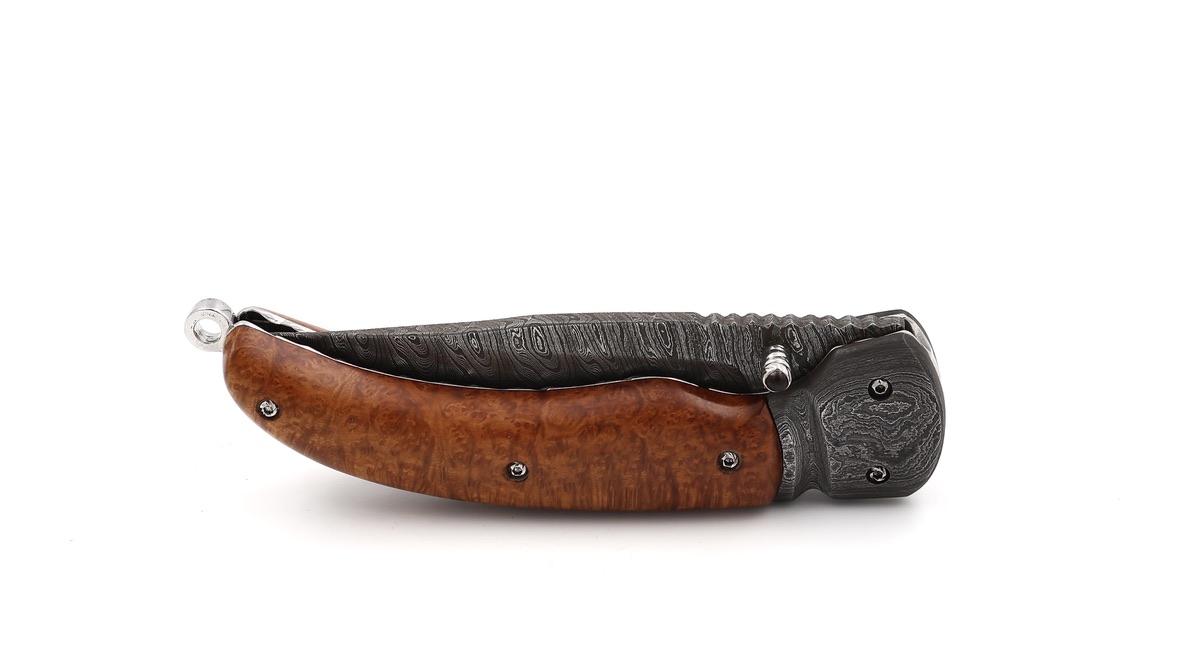 Olivier Moretti Linerlock Taschenmesser Bruyére-Wurzelholz Damastklinge 