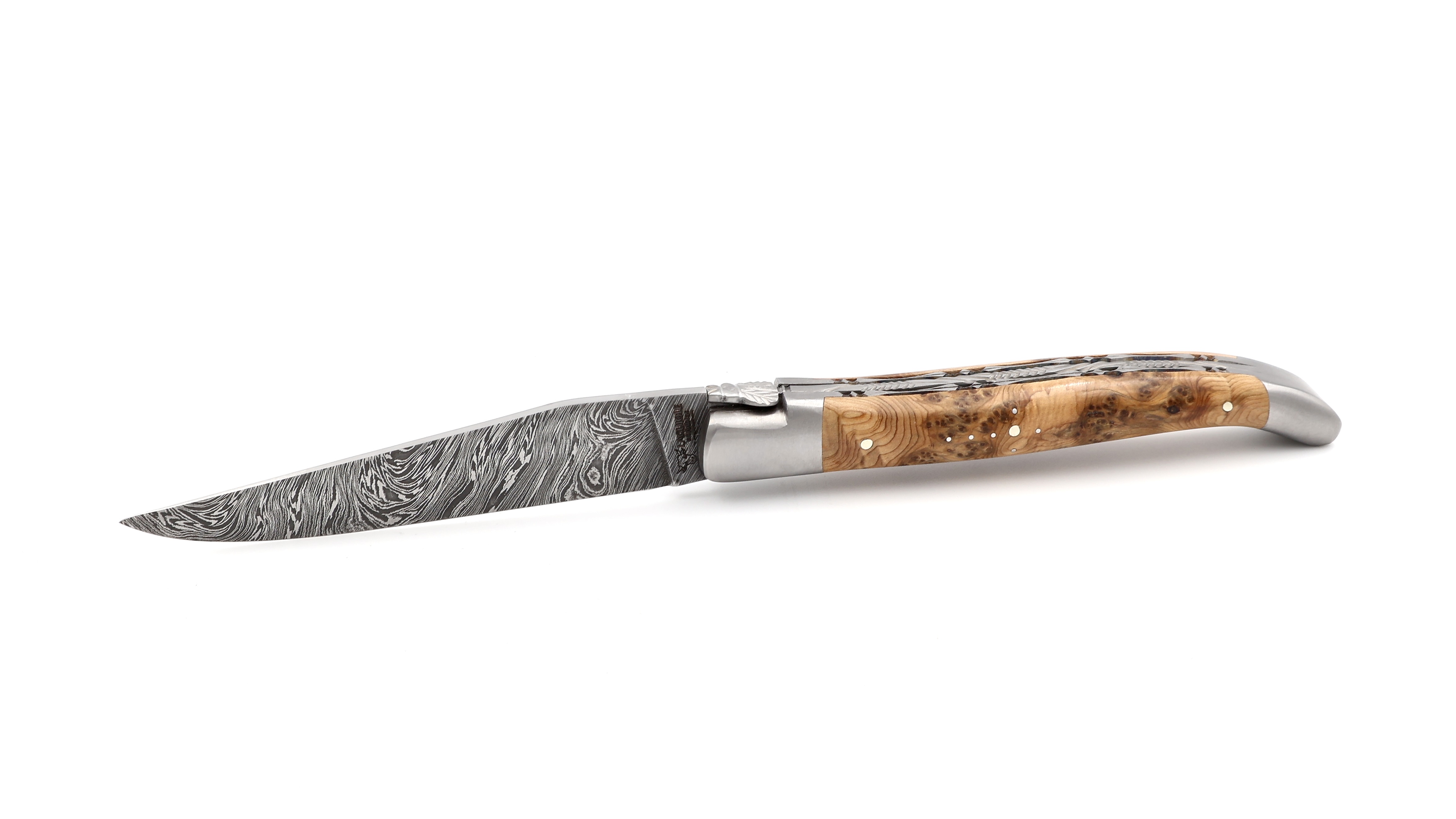 Laguiole en Aubrac double plate knife explosiondamascus Juniper 12 cm