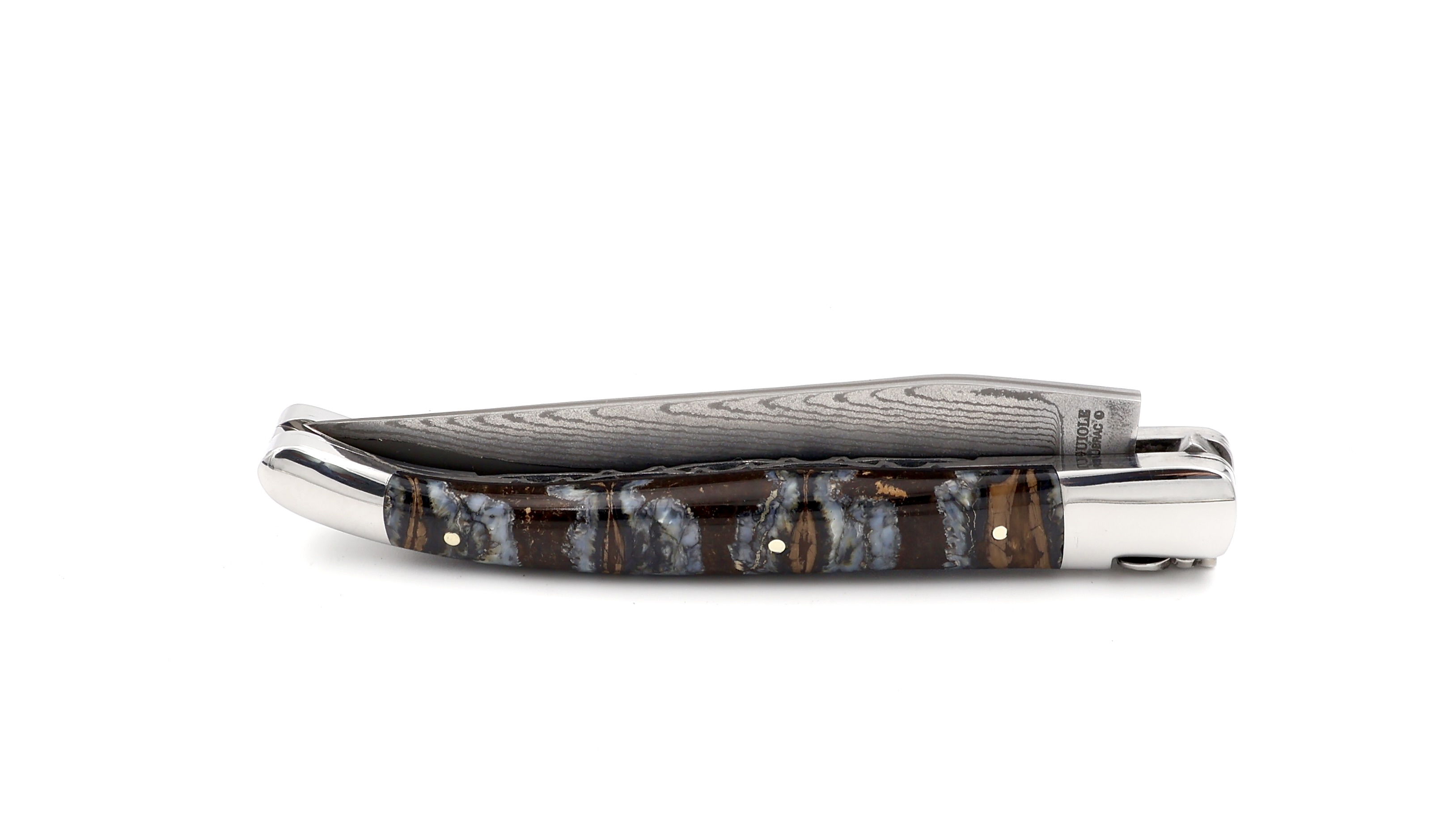 Laguiole en Aubrac jap. Damastklinge Mammutbackenzahn braun Doppelplatine 12 cm 