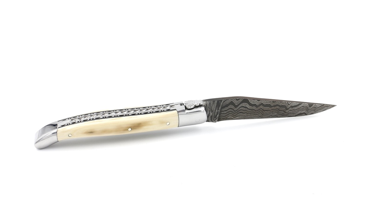 Laguiole en Aubrac Linien Damast Mammutelfenbein Kruste Doppelplatinen mit Spiralfeder 12 cm