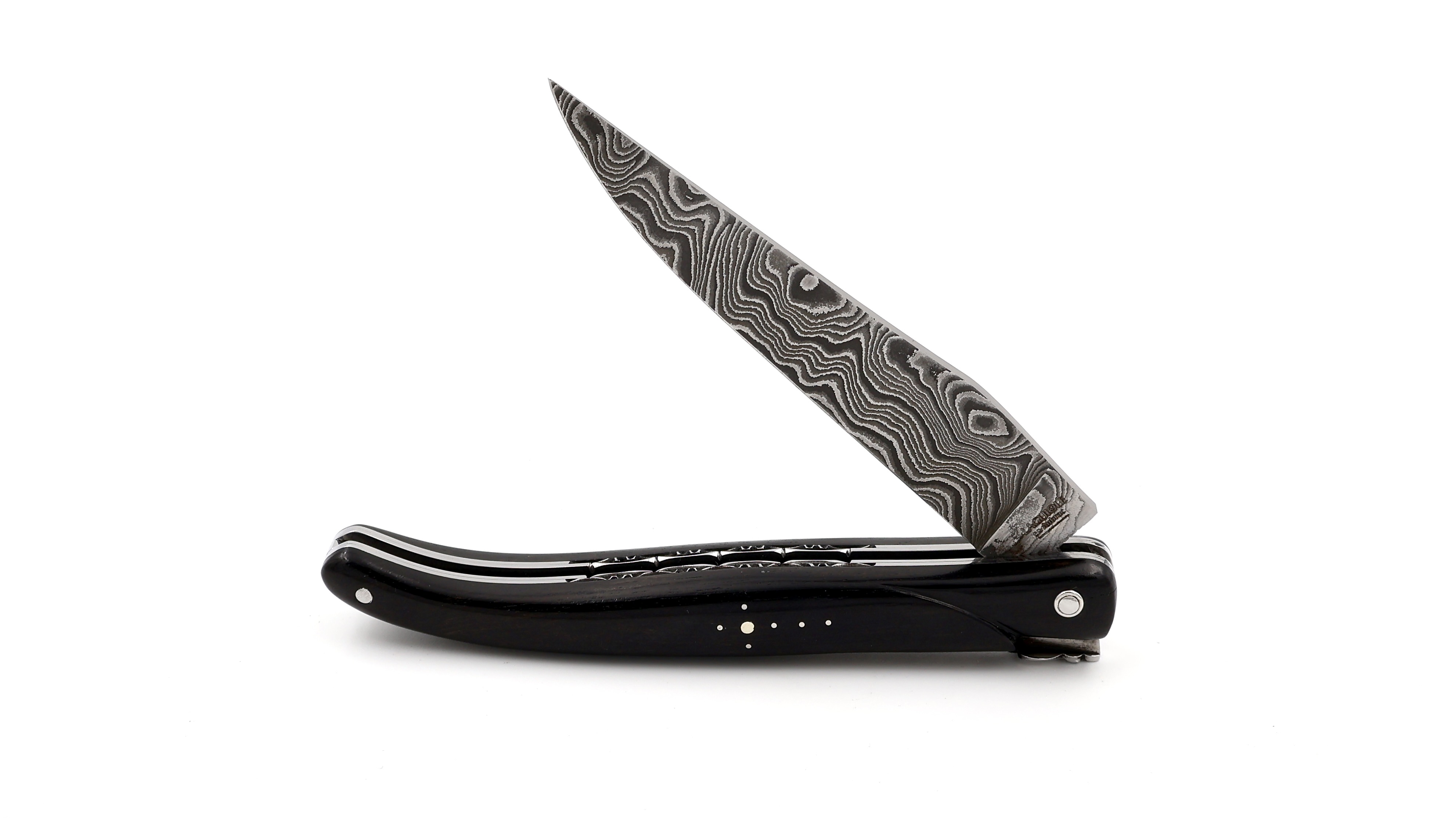 Laguiole en Aubrac double plates knife full handle ebony wood 12 cm damascus