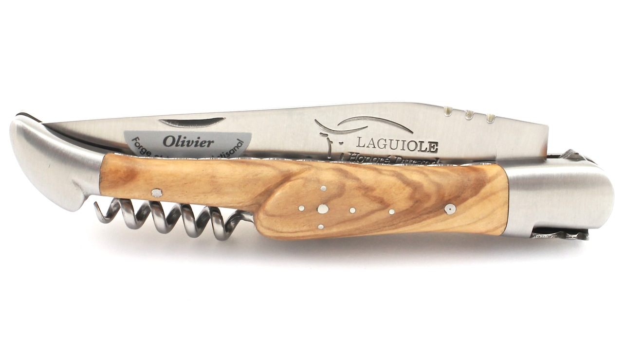 Honoré Durand Laguiole knife Prestige doubleplates with corkscrew olive wood 14C28 12 cm