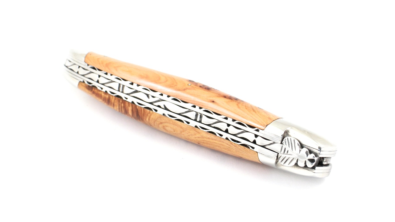 Laguiole en Aubrac double plate knife jap. damascus Juniper shiny 12 cm