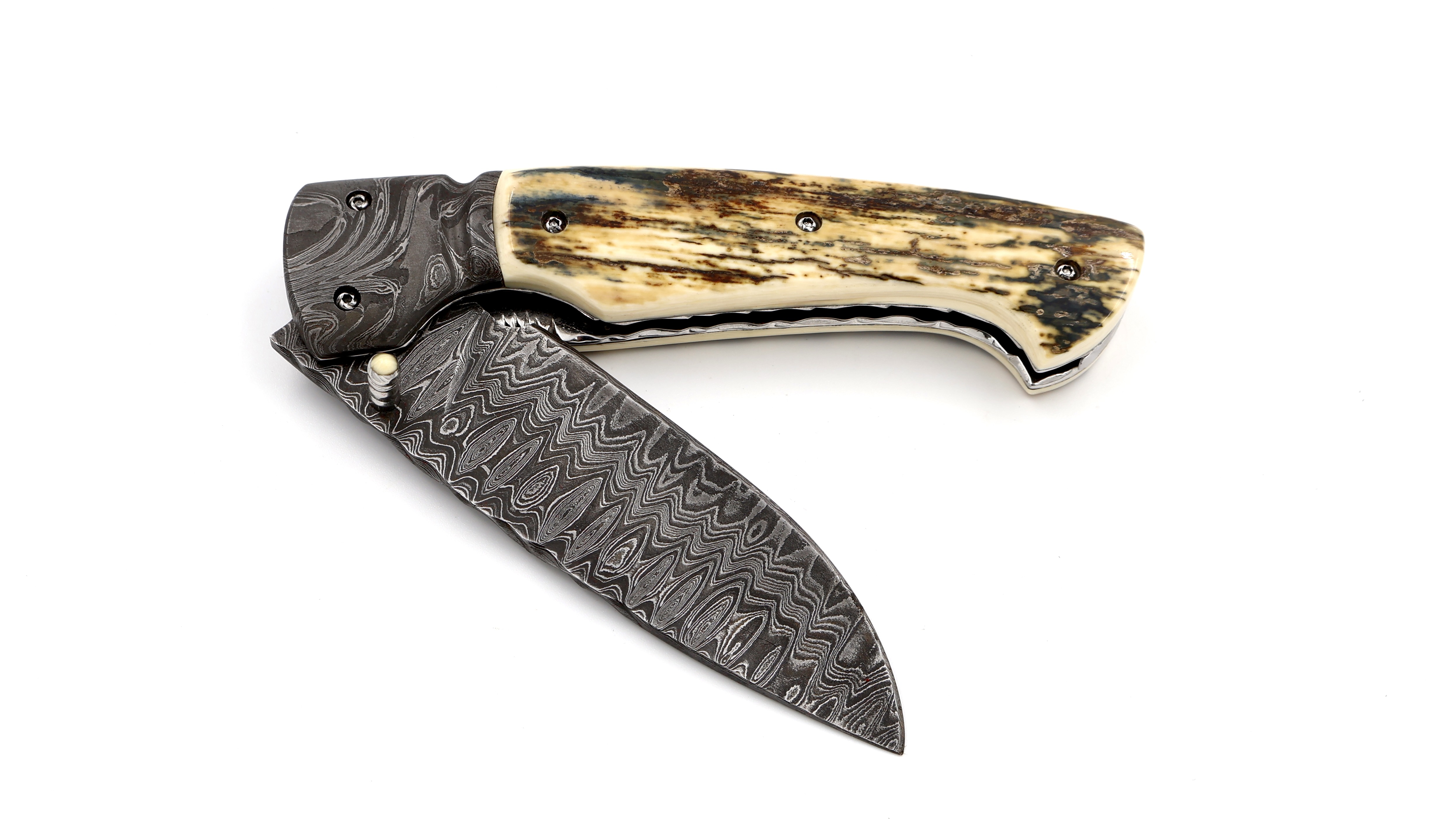 Oliver Moretti linerlock knife damascus mammoth ivory