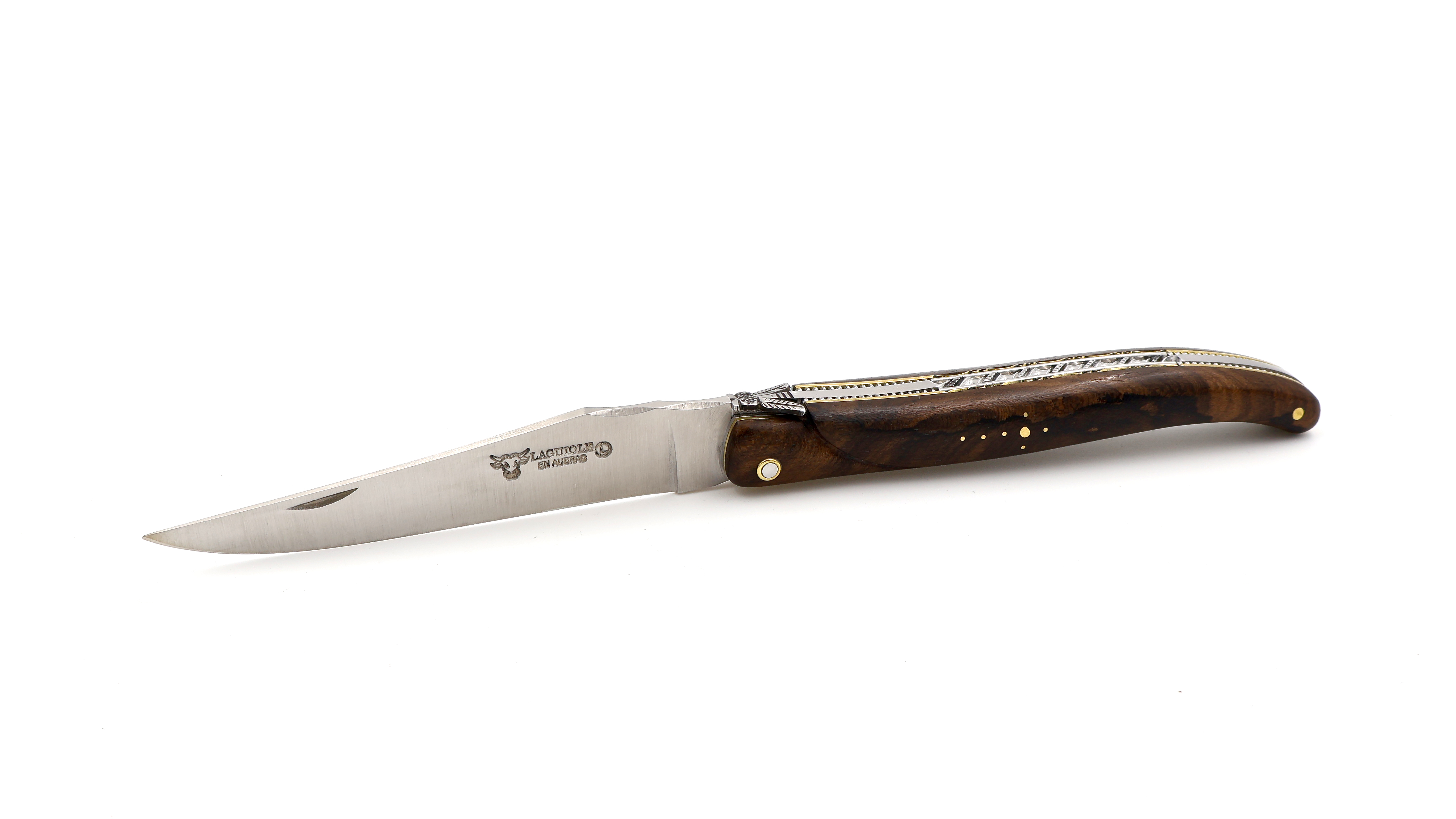 Laguiole en Aubrac Meisterstück "Perle" Walnuss Wurzelholz Doppelplatine Messing massiver Griff 12 cm