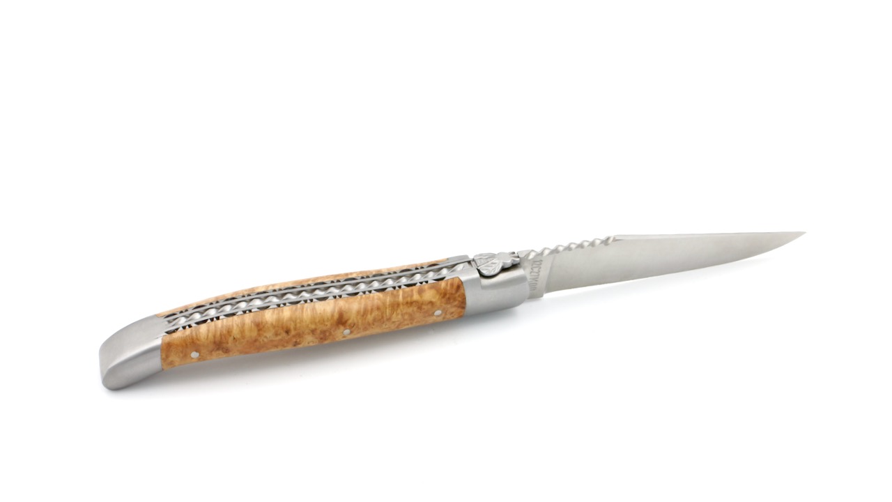 Laguiole en Aubrac doubleplate knife amboina burlwood spiral spring 12 cm