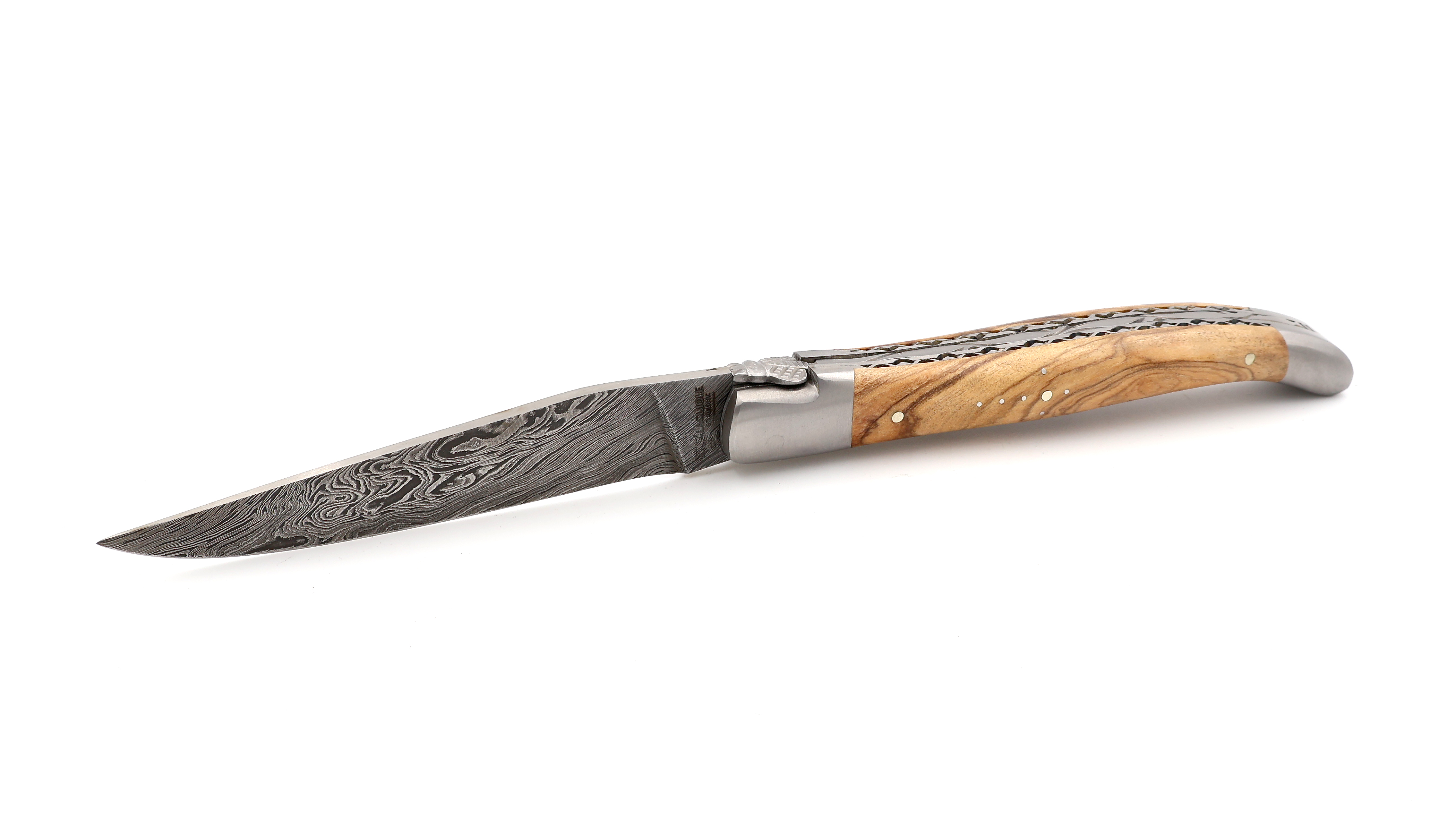 Laguiole en Aubrac double plate knife explosiondamascus olive wood 12 cm