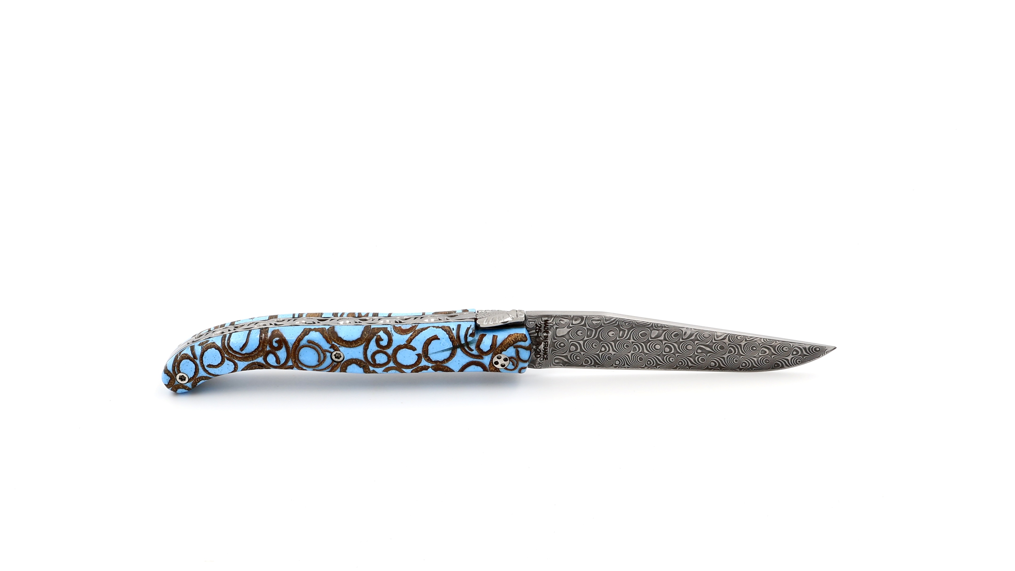 Claude DOZORME Laguiole Canella lightblue 12 cm damascus Claude DOZORME Laguiole Canella lightblue 12 cm damascus