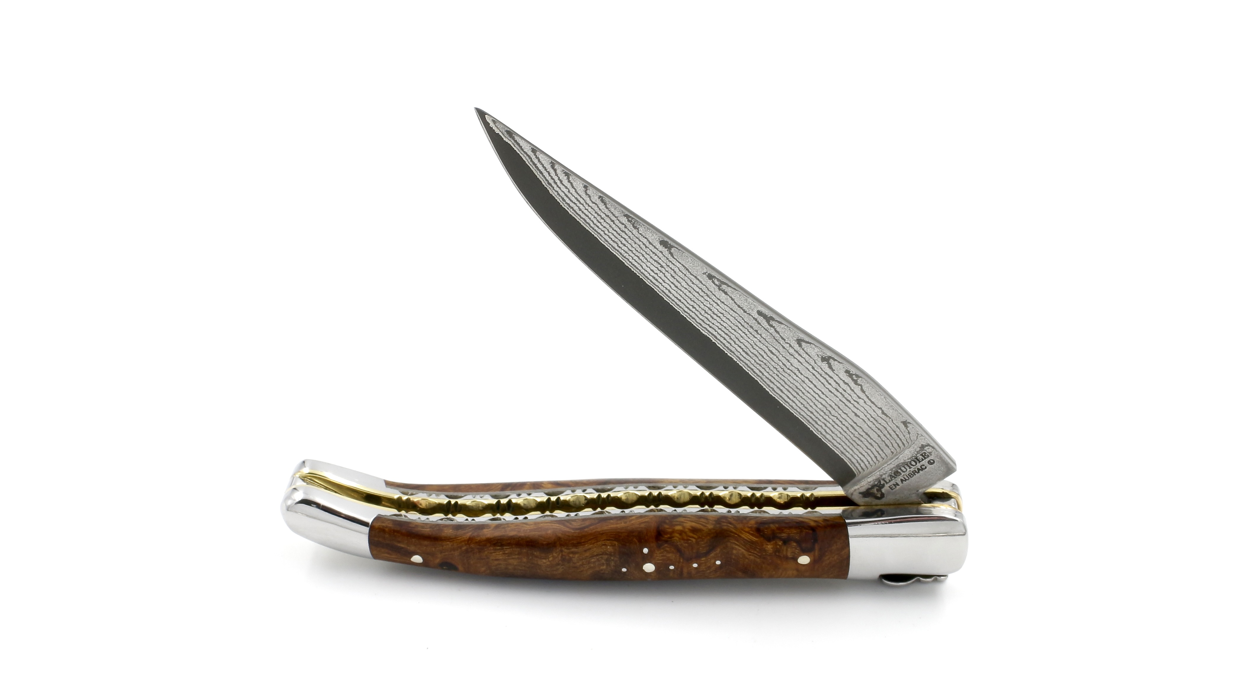 Laguiole en Aubrac double plate knife jap. damascus with brass plates Ironwood shiny 12 cm