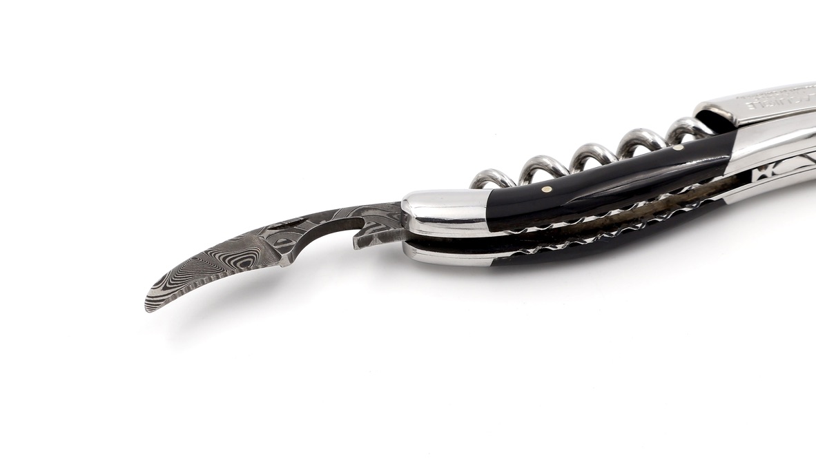 Laguiole en Aubrac Laguiole Sommelier knife buffalohorn with guillochage, special bee damascus