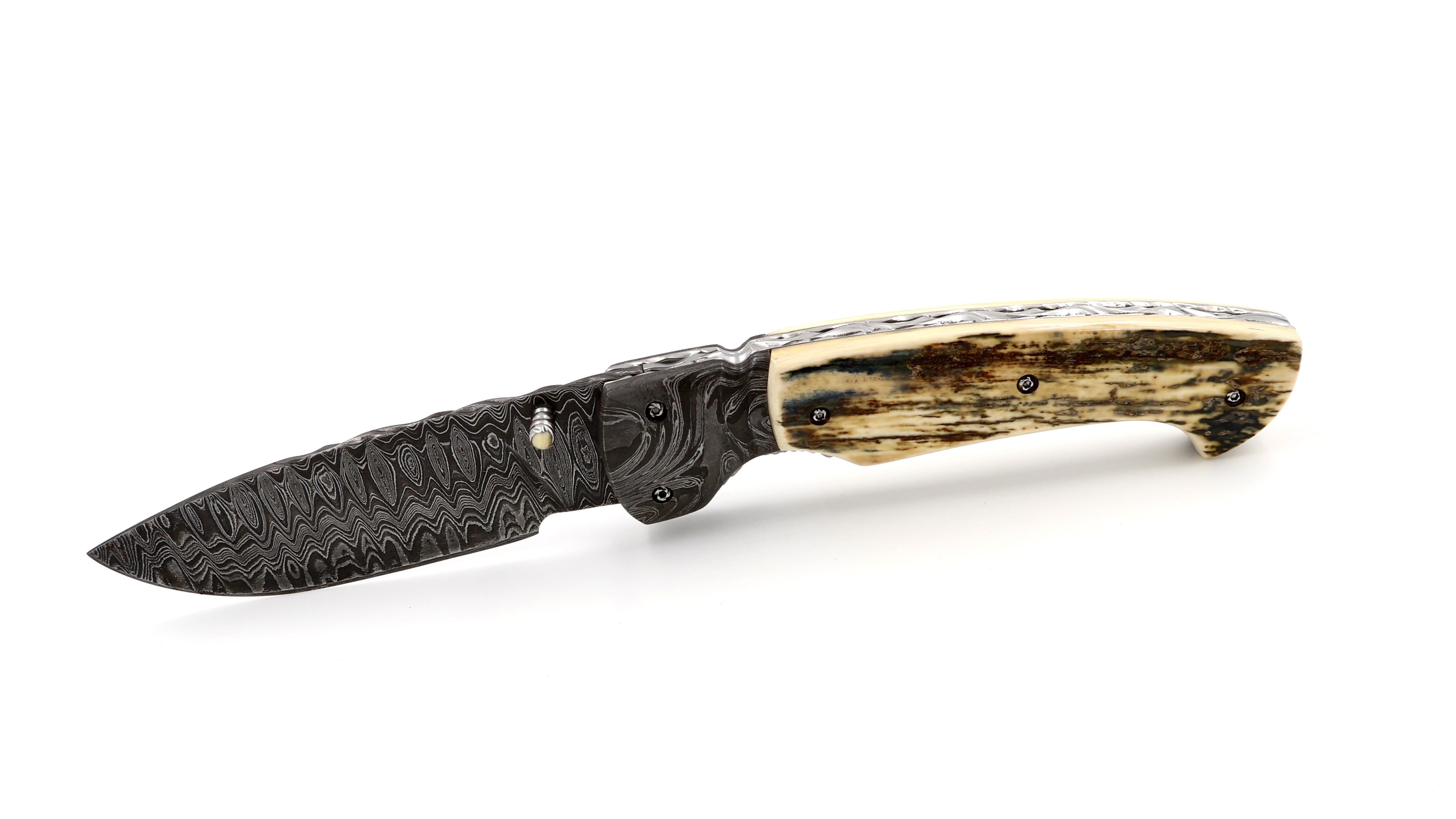 Oliver Moretti linerlock knife damascus mammoth ivory