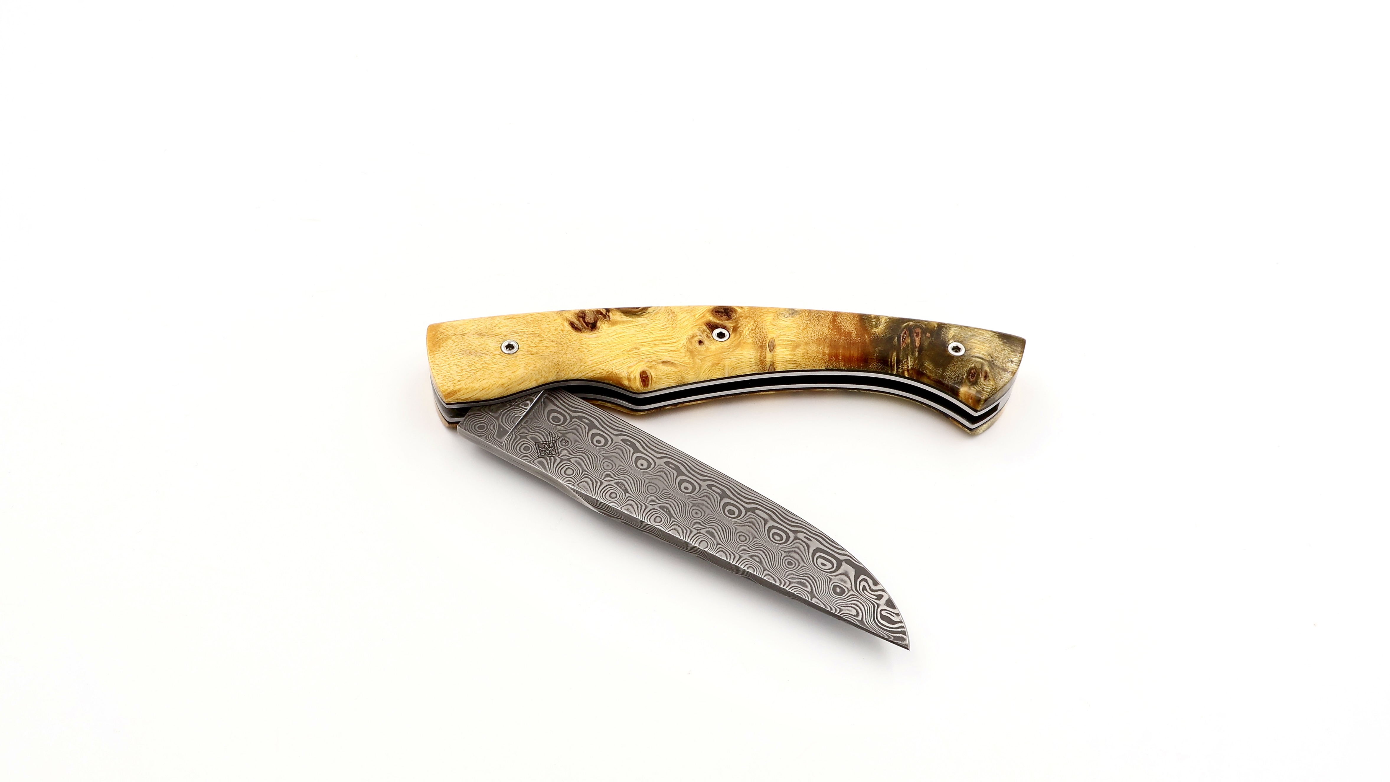 KLEOS folding knife LYKOS burl of polplar wood damascus blade