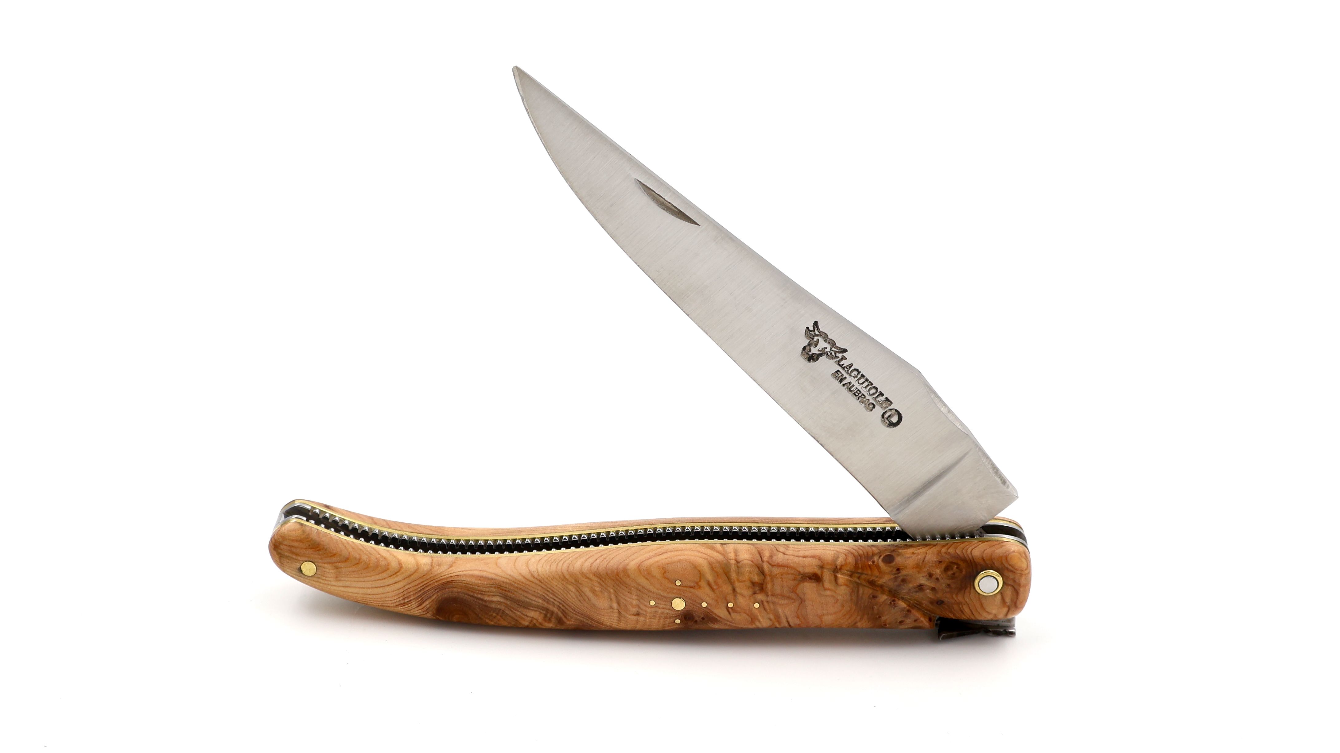 Laguiole en Aubrac Meisterstück "Perle" Wacholder Wurzelholz Doppelplatine Messing massiver Griff 12 cm
