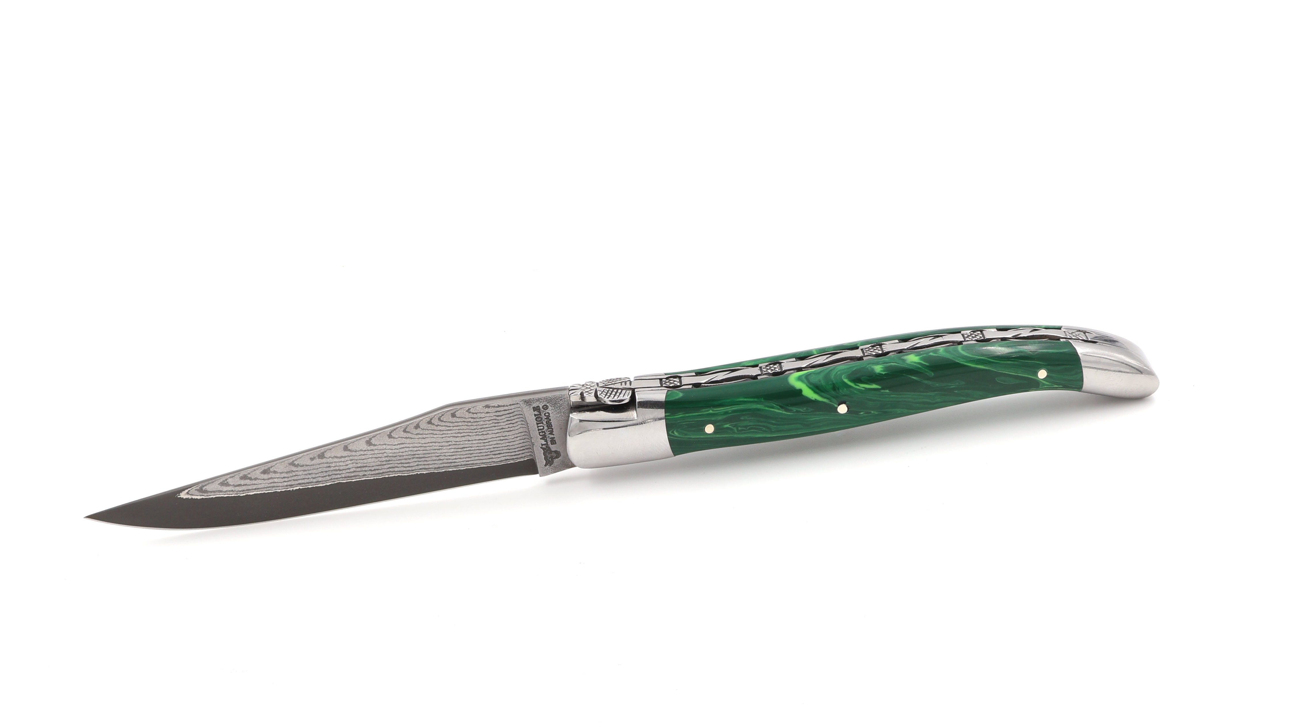 Laguiole en Aubrac jap. Damastklinge Malachit guillochierte Platine 12 cm Laguiole en Aubrac jap. Damastklinge Malachit guillochierte Platine 12 cm
