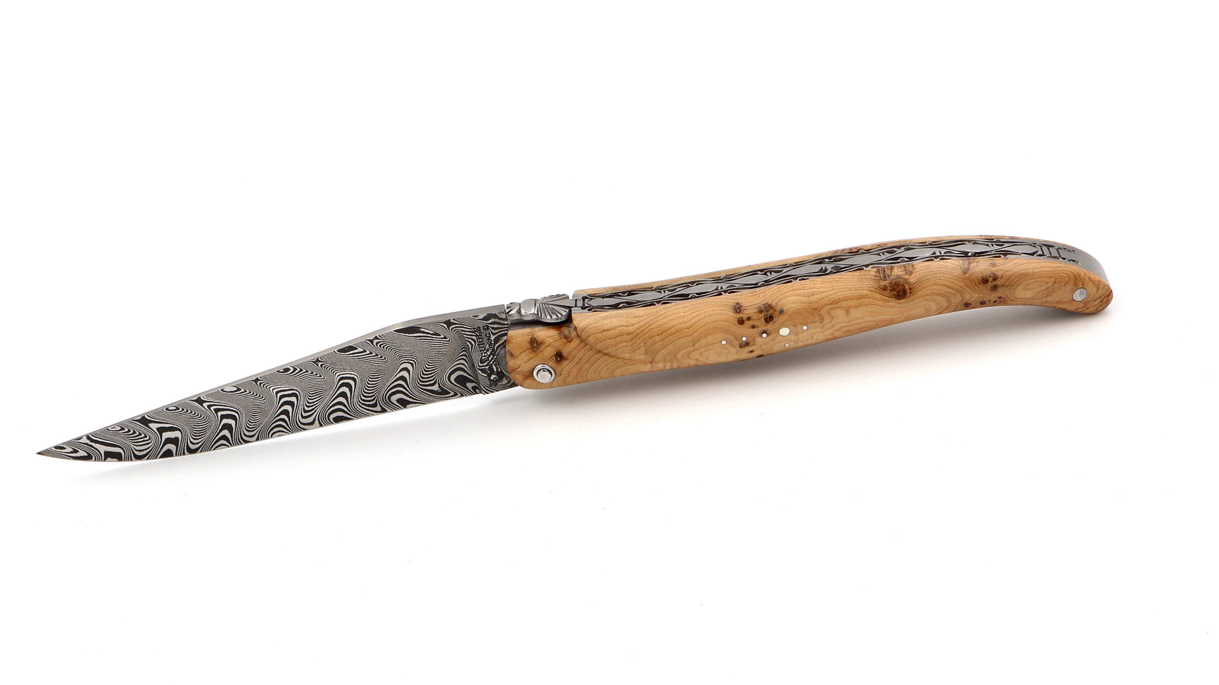 Laguiole en Aubrac  DSC® Carbon Damast Wacholder matt massiv Doppelplatine 12 cm 