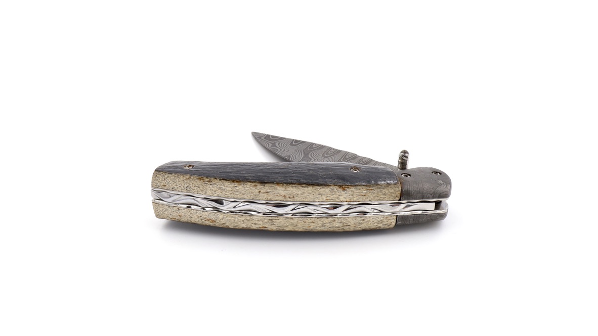 Olivier Moretti Linerlock Taschenmesser Mammutknochen Damastklinge Olivier Moretti Linerlock Taschenmesser Mammutknochen Damastklinge