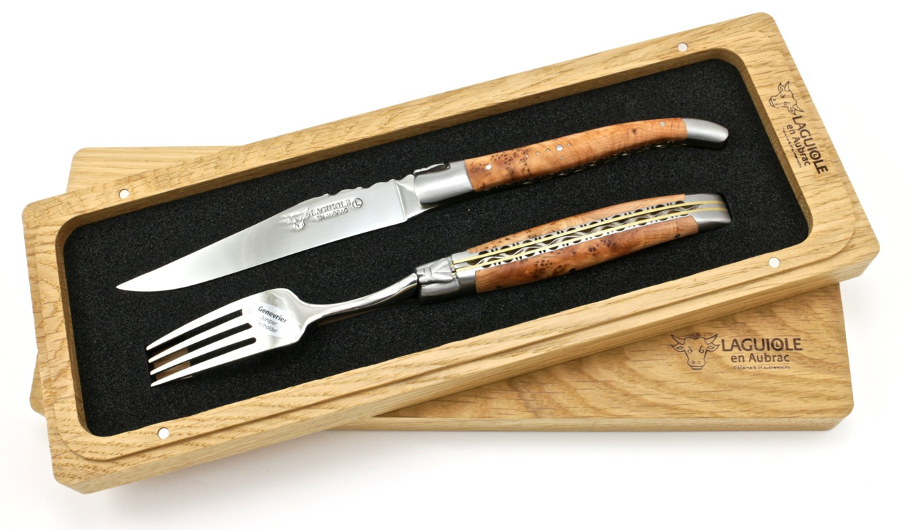 Messer-Gabel-DP-Wacholder Laguiole en Aubrac Laguiole Doppelplatinen Besteckset 1 Steakmesser 1 Gabel Wacholder Set 2-tlg.