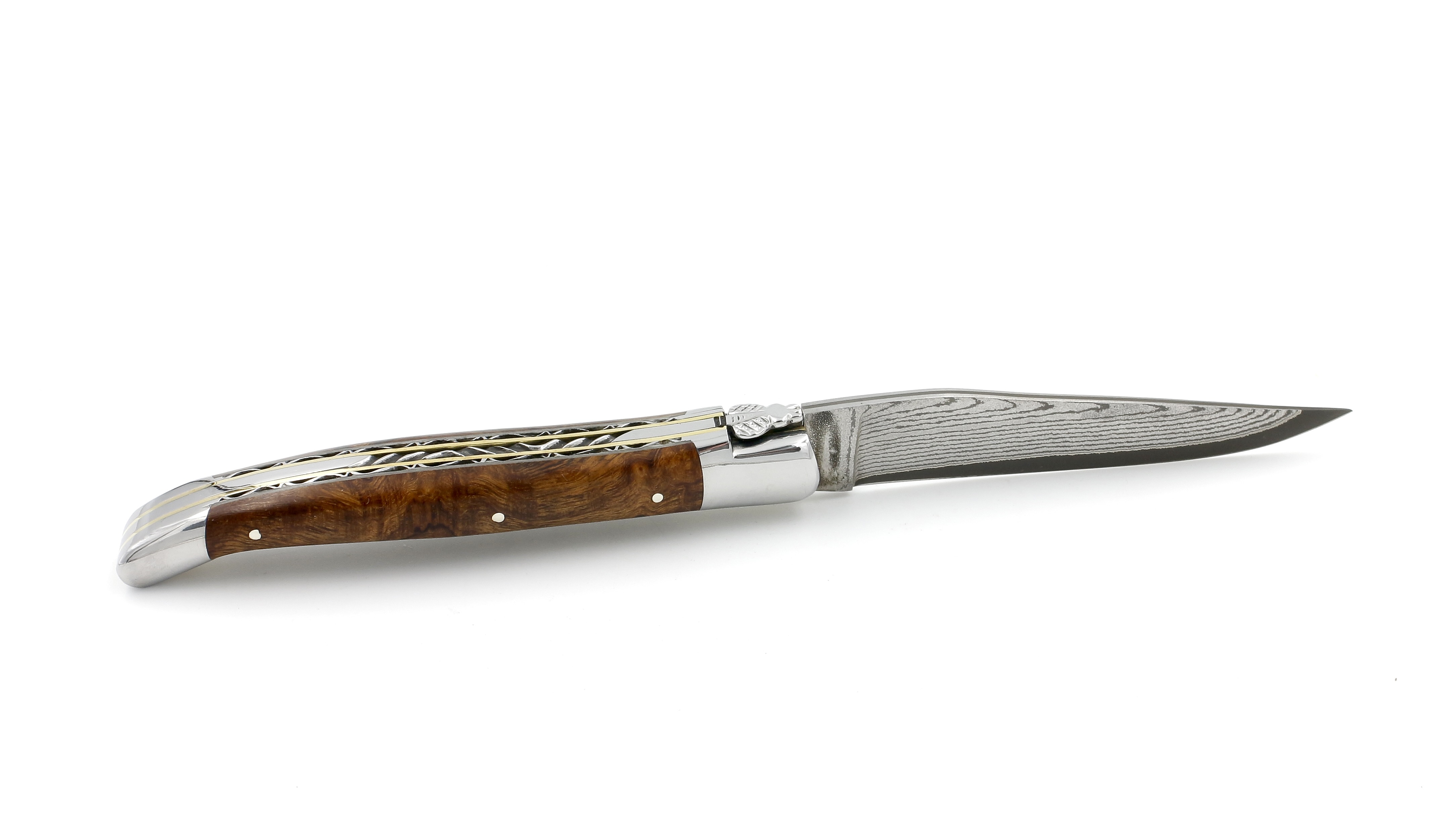 Laguiole en Aubrac double plate knife jap. damascus with brass plates Ironwood shiny 12 cm