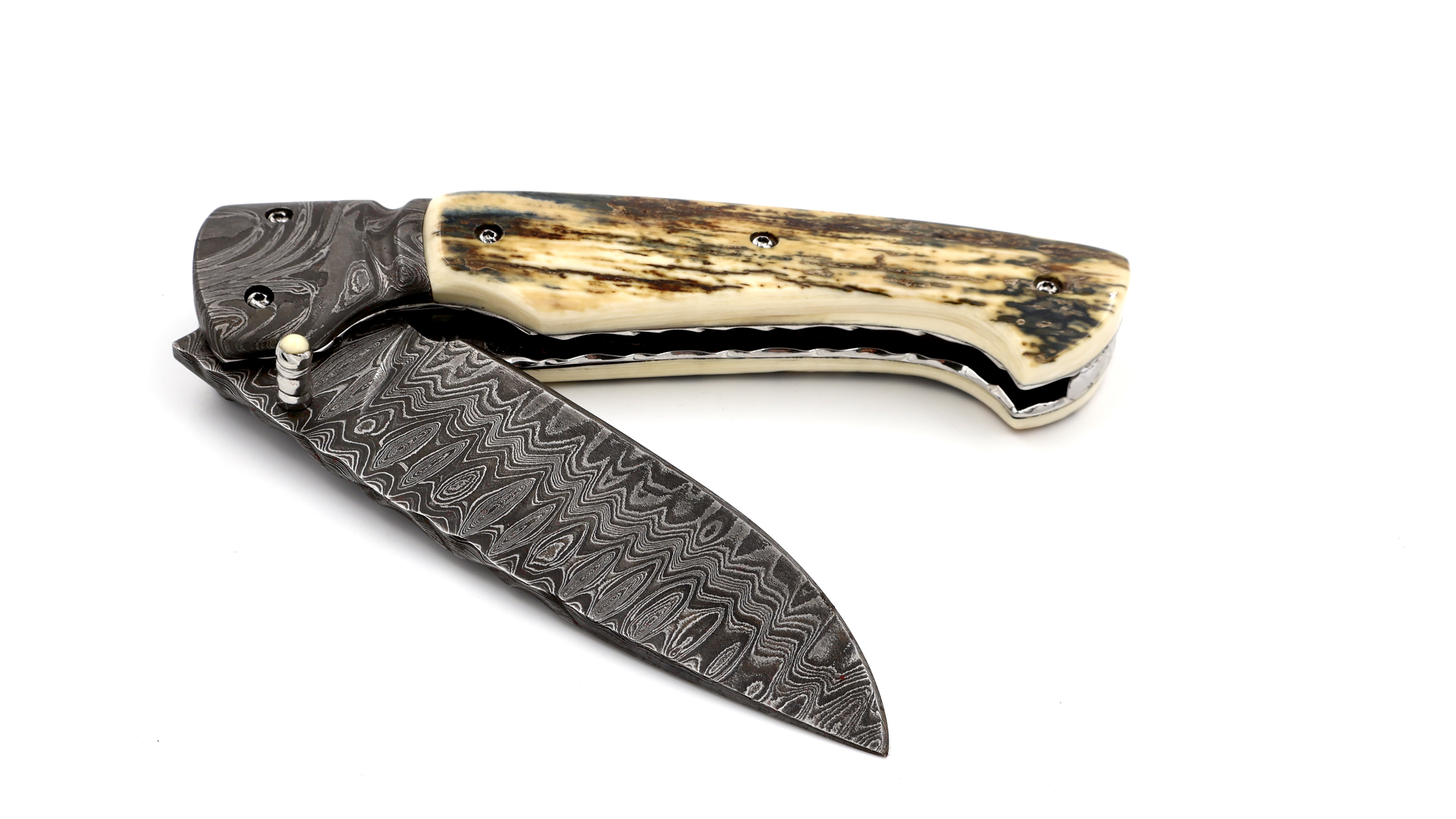 Oliver Moretti linerlock knife damascus mammoth ivory