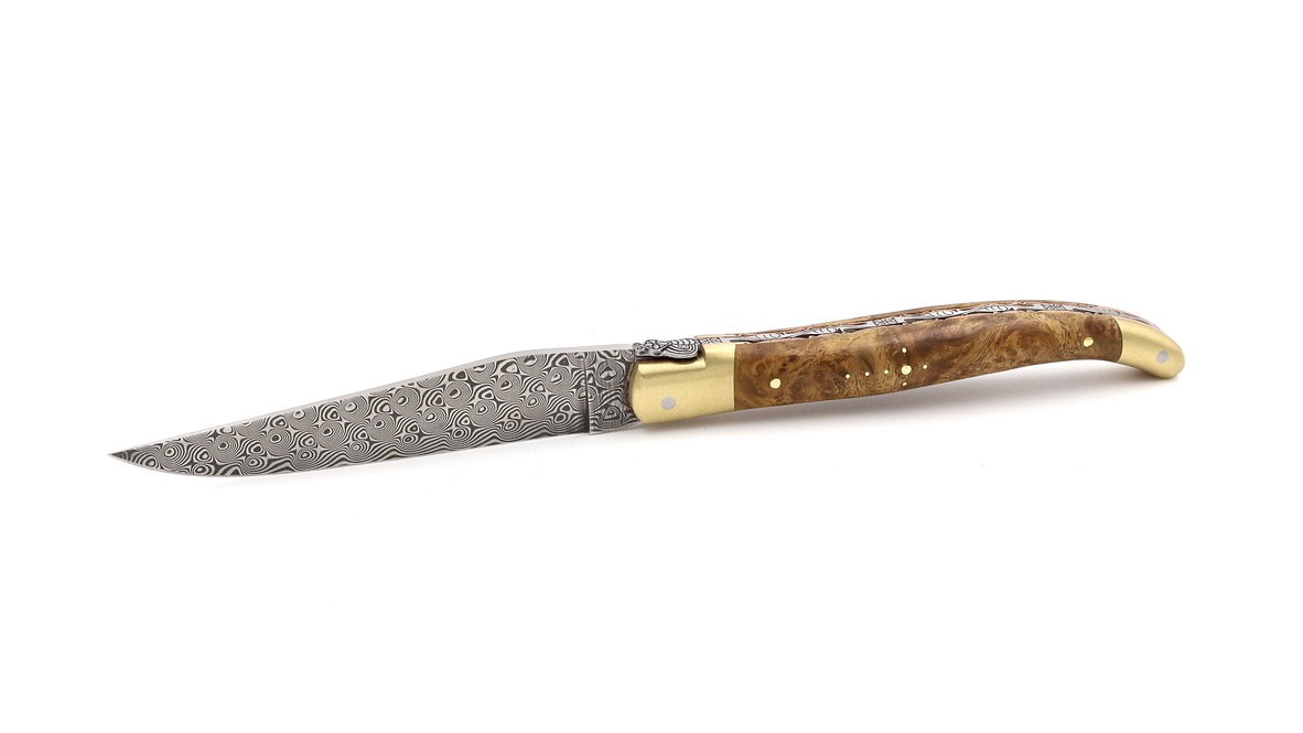 Laguiole en Aubrac BIJOU DSC® Rosendamast Amboina Wurzelholz guillochierte Platine 12 cm
