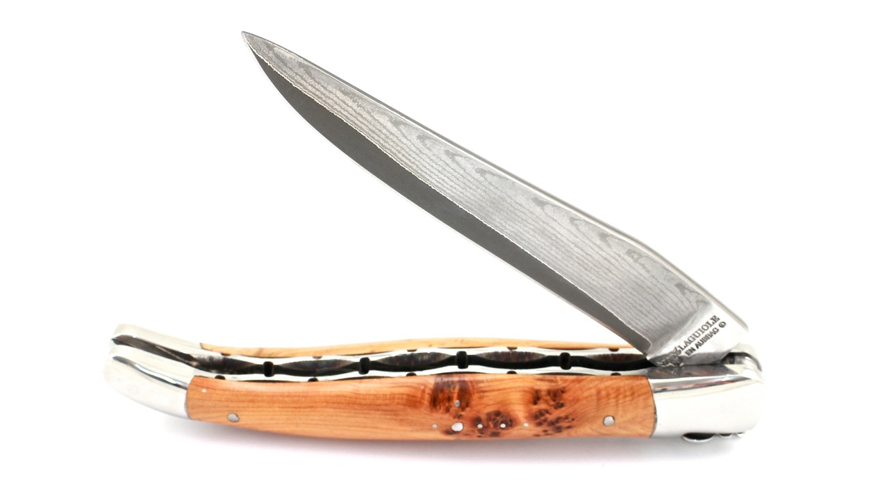 Laguiole en Aubrac double plate knife jap. damascus Juniper shiny 12 cm