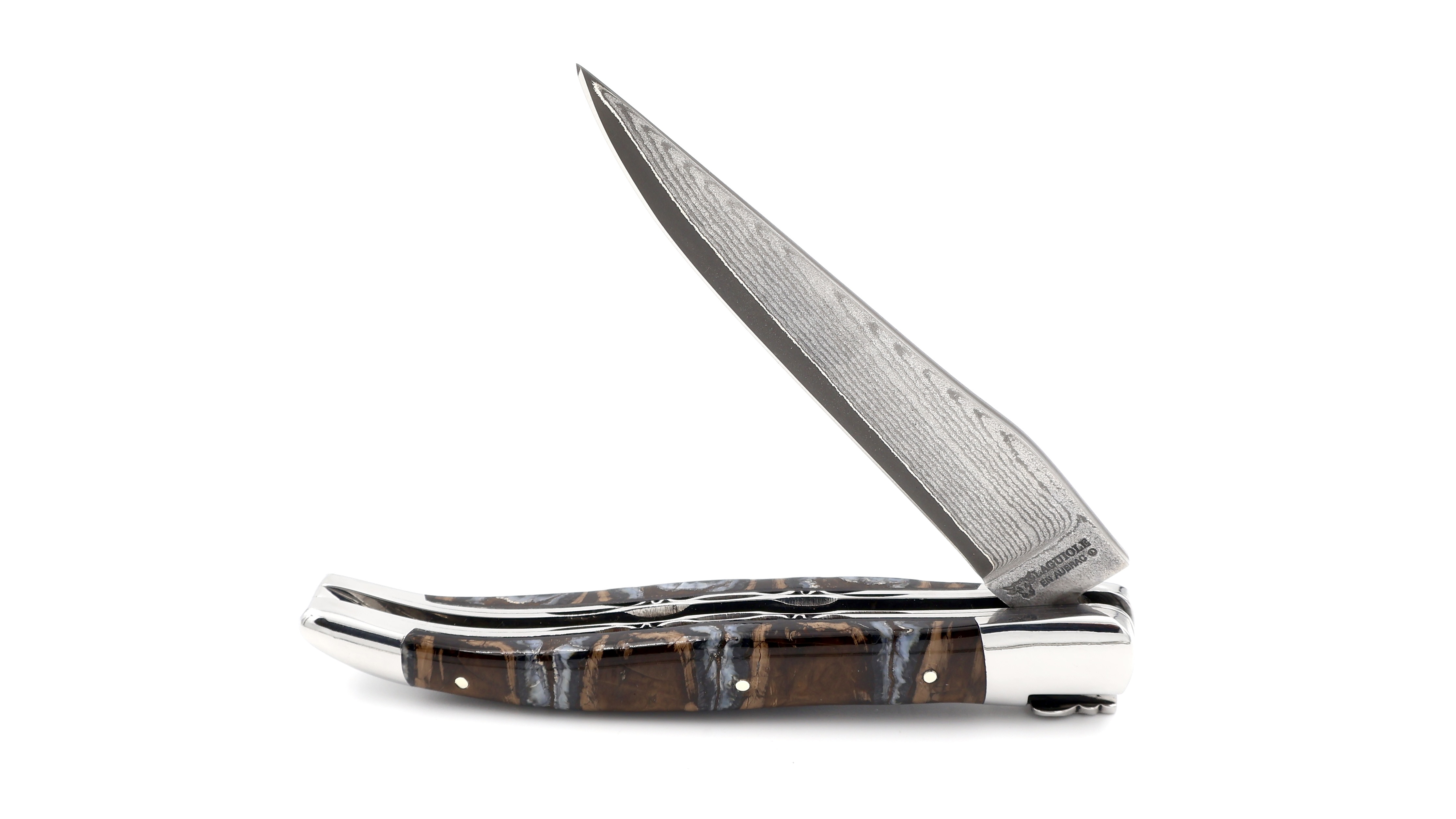 Laguiole en Aubrac jap. Damastklinge Mammutbackenzahn braun Doppelplatine 12 cm 