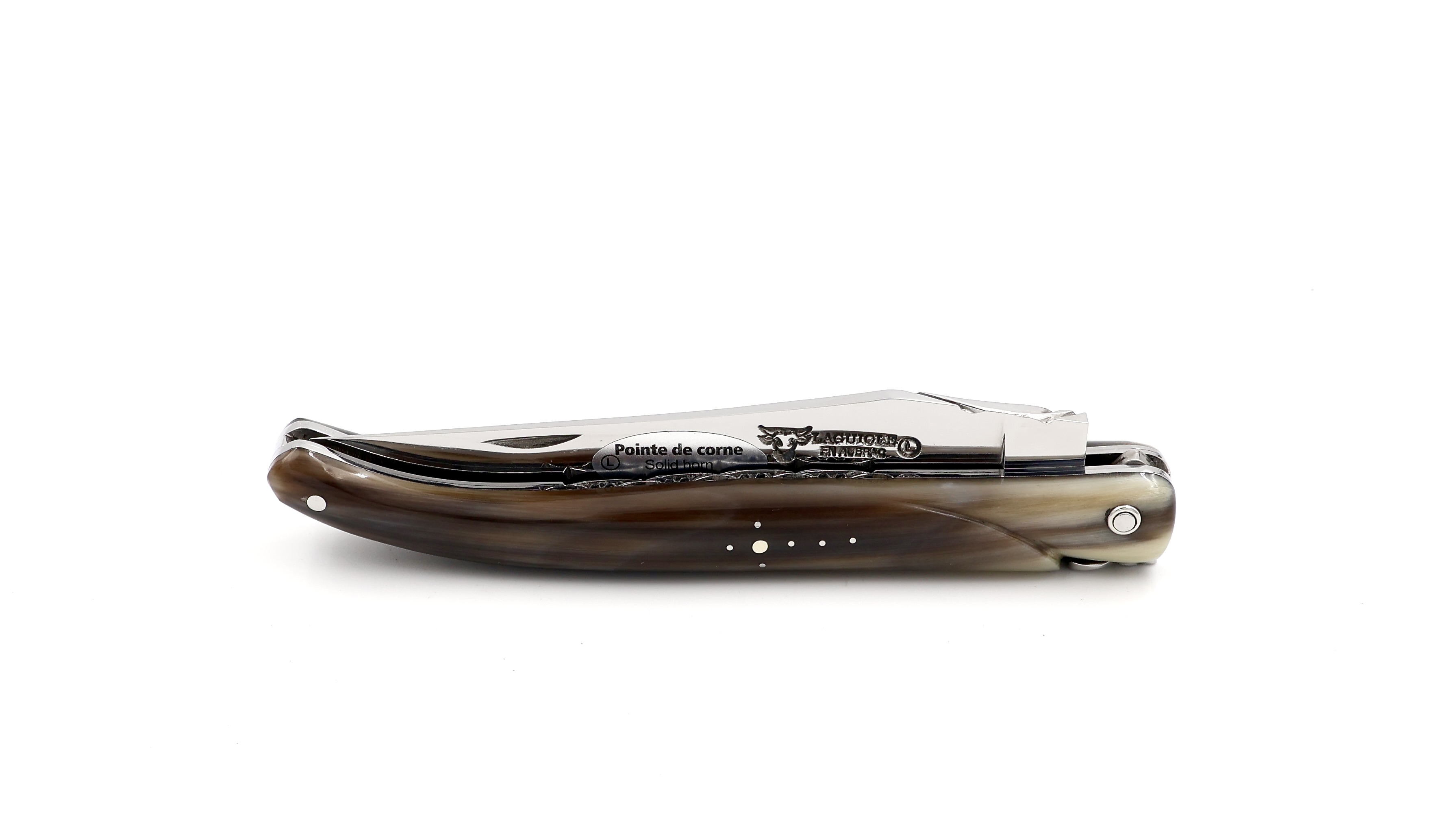 Laguiole en Aubrac double plates knife Spiral spring full handle Horn tip 12 cm