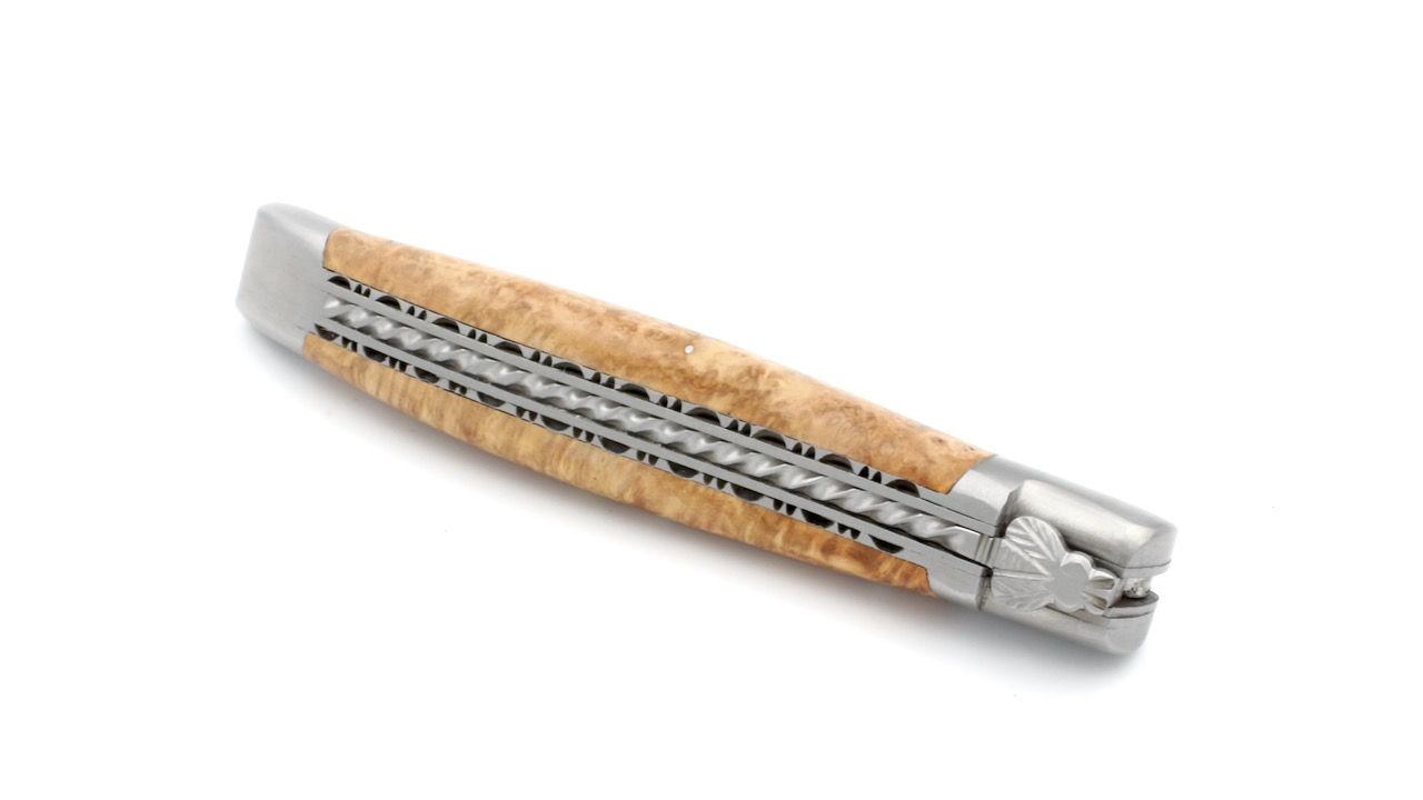 Laguiole en Aubrac doubleplate knife amboina burlwood spiral spring 12 cm