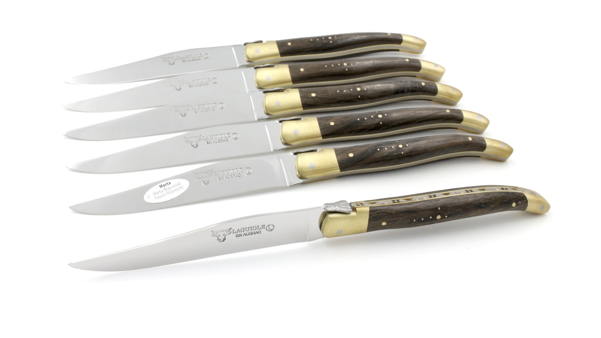 Laguiole en Aubrac fossile Mooreiche Messing Laguiole Steakmesser Set