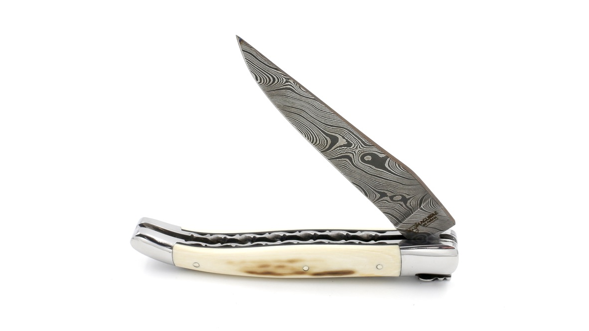 F71C282B-2101-438E-920A-C78BF92C8EBB_1_105_c Laguiole en Aubrac twisted Damascus mammoth ivory crust doubleplates spiral spring 12 cm