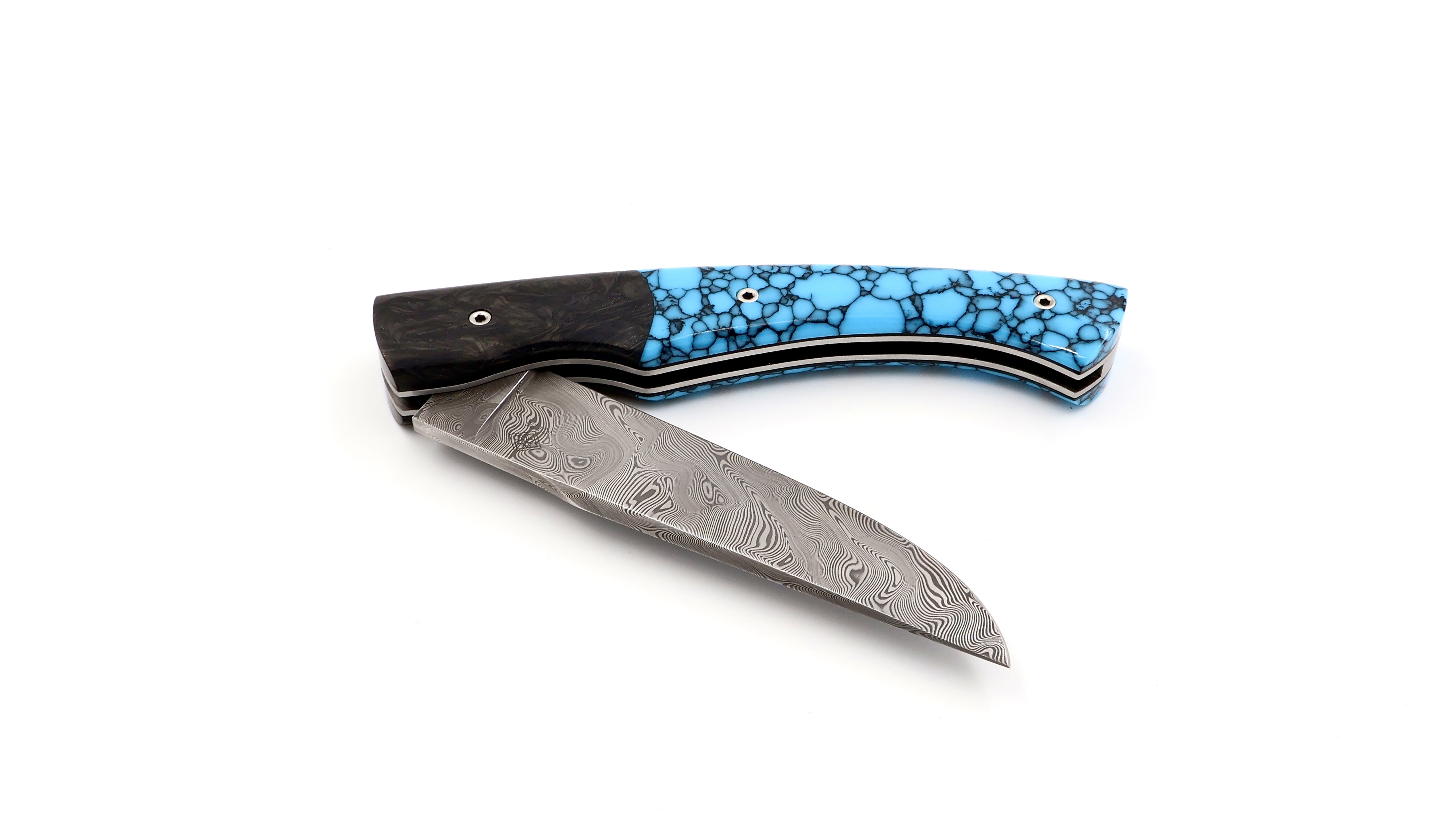 KLEOS folding knife LYKOS Türkis stone and carbonfiber damascus blade