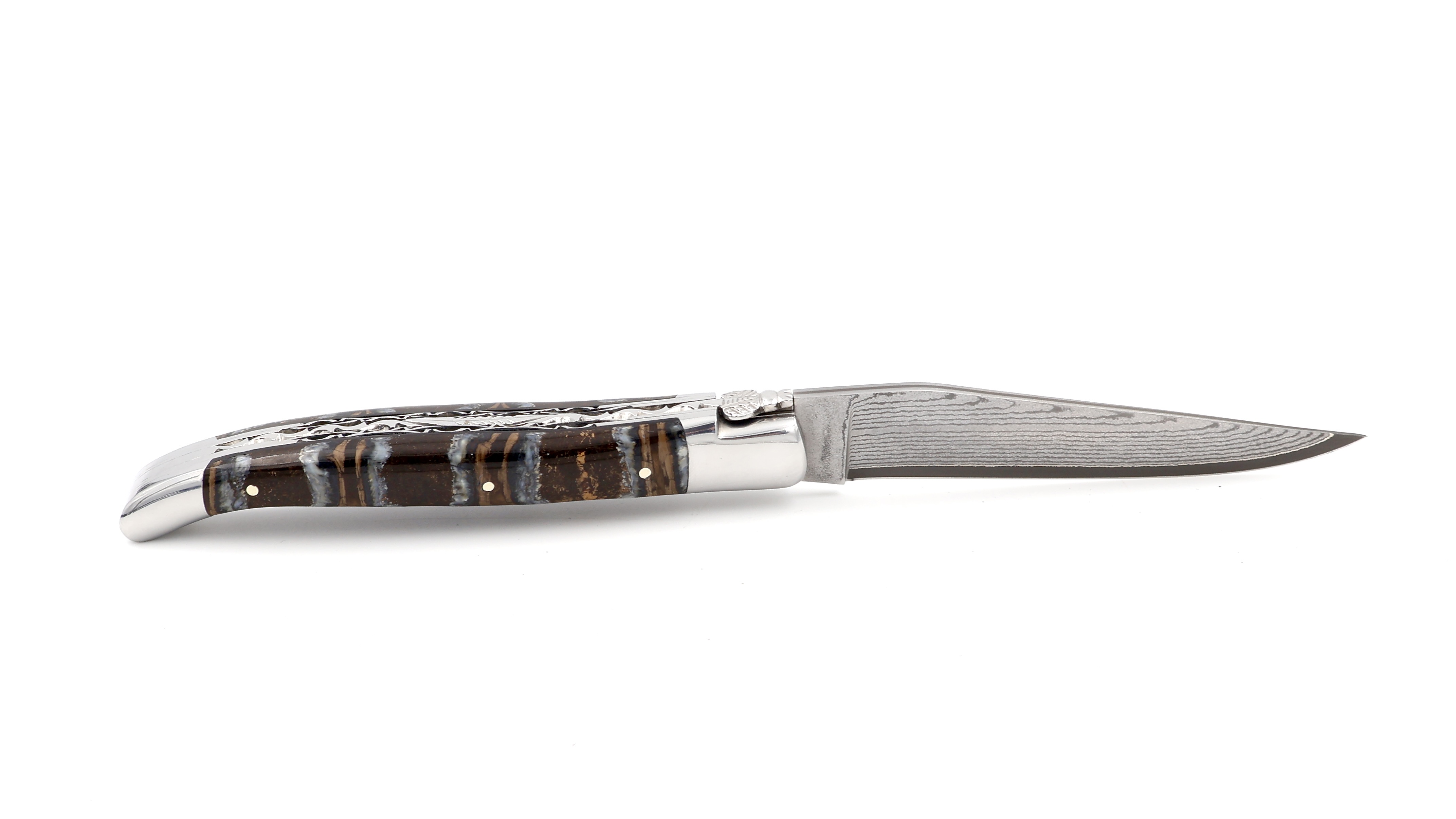 Laguiole en Aubrac jap. Damastklinge Mammutbackenzahn braun Doppelplatine 12 cm 