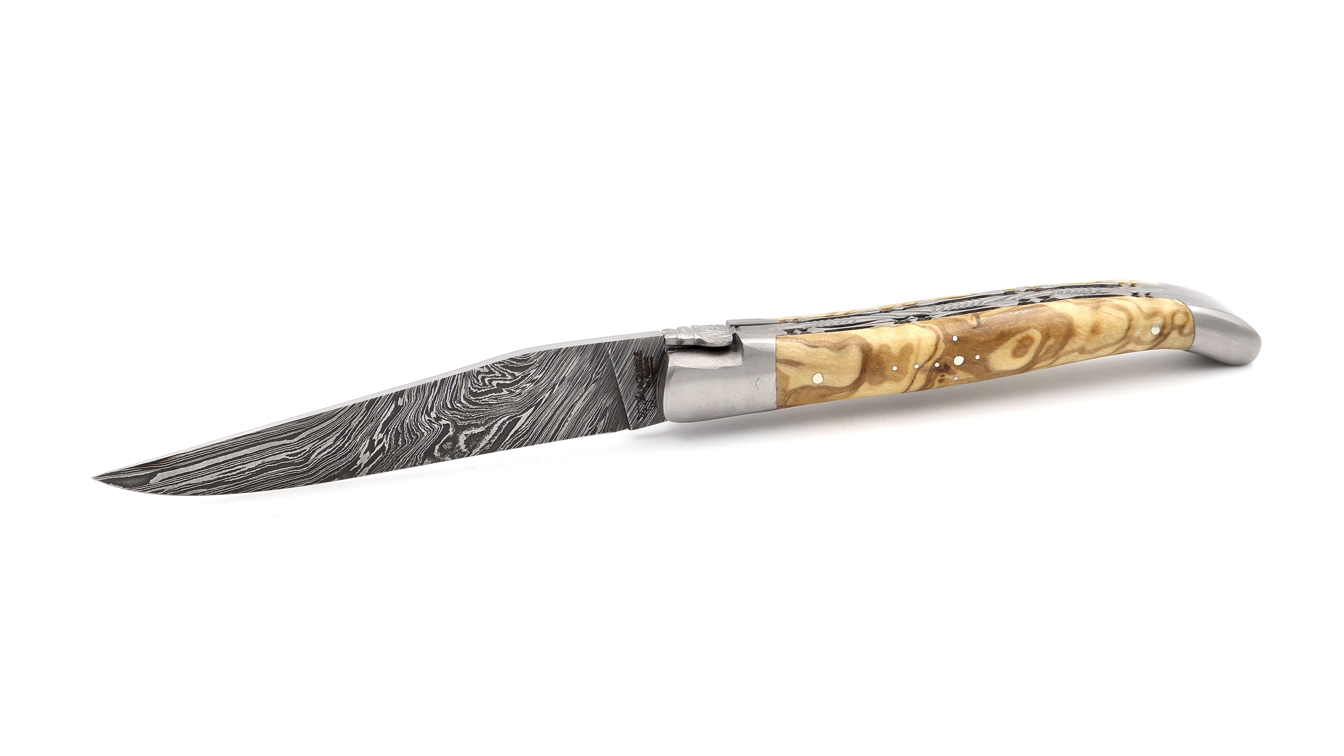 Laguiole en Aubrac double plate knife explosiondamascus olive wood 12 cm