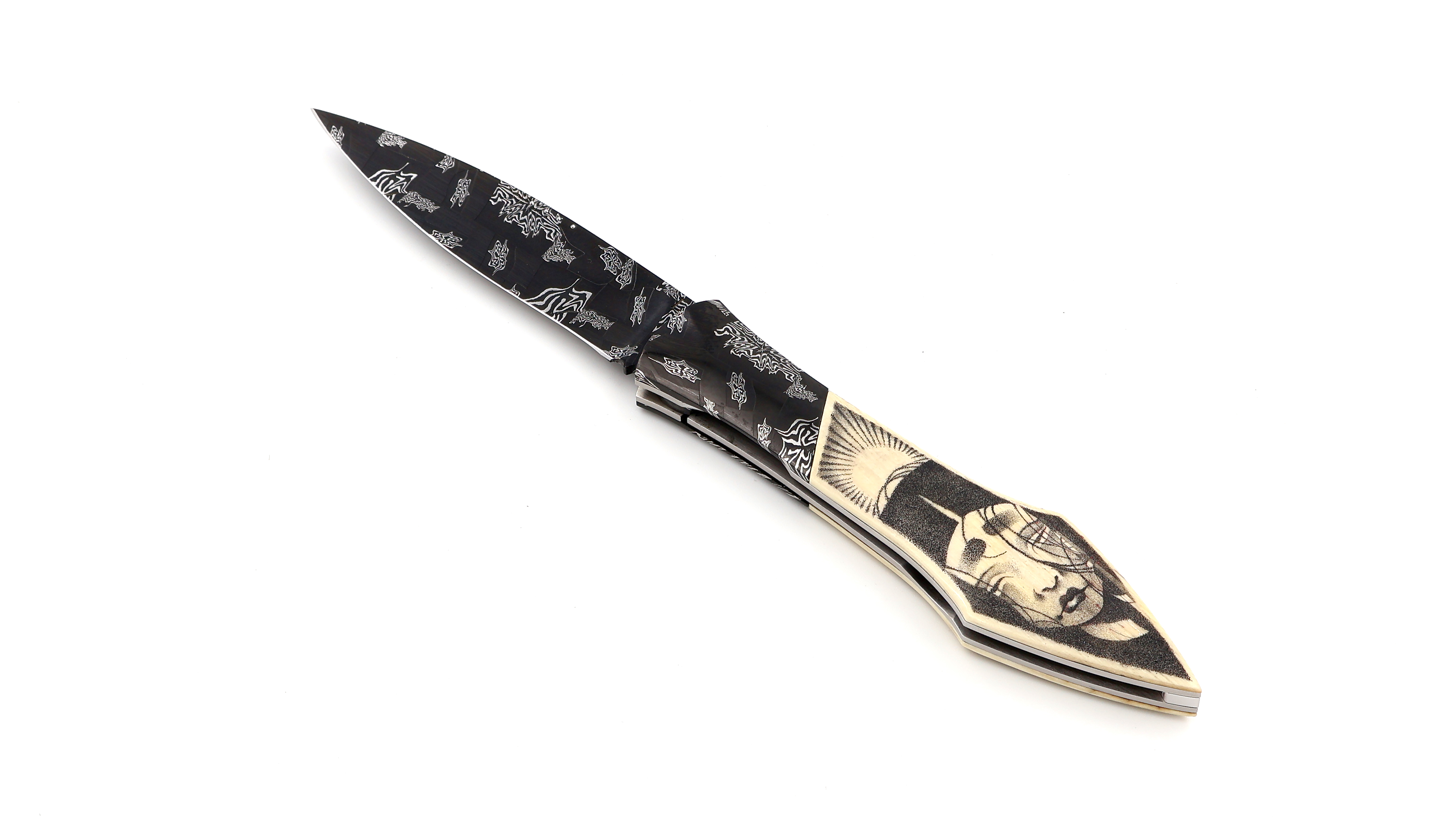 LARAUD Blades L’Oegopsyde Mammutelfenbein Scrimshaw Mosaik-Damastklinge