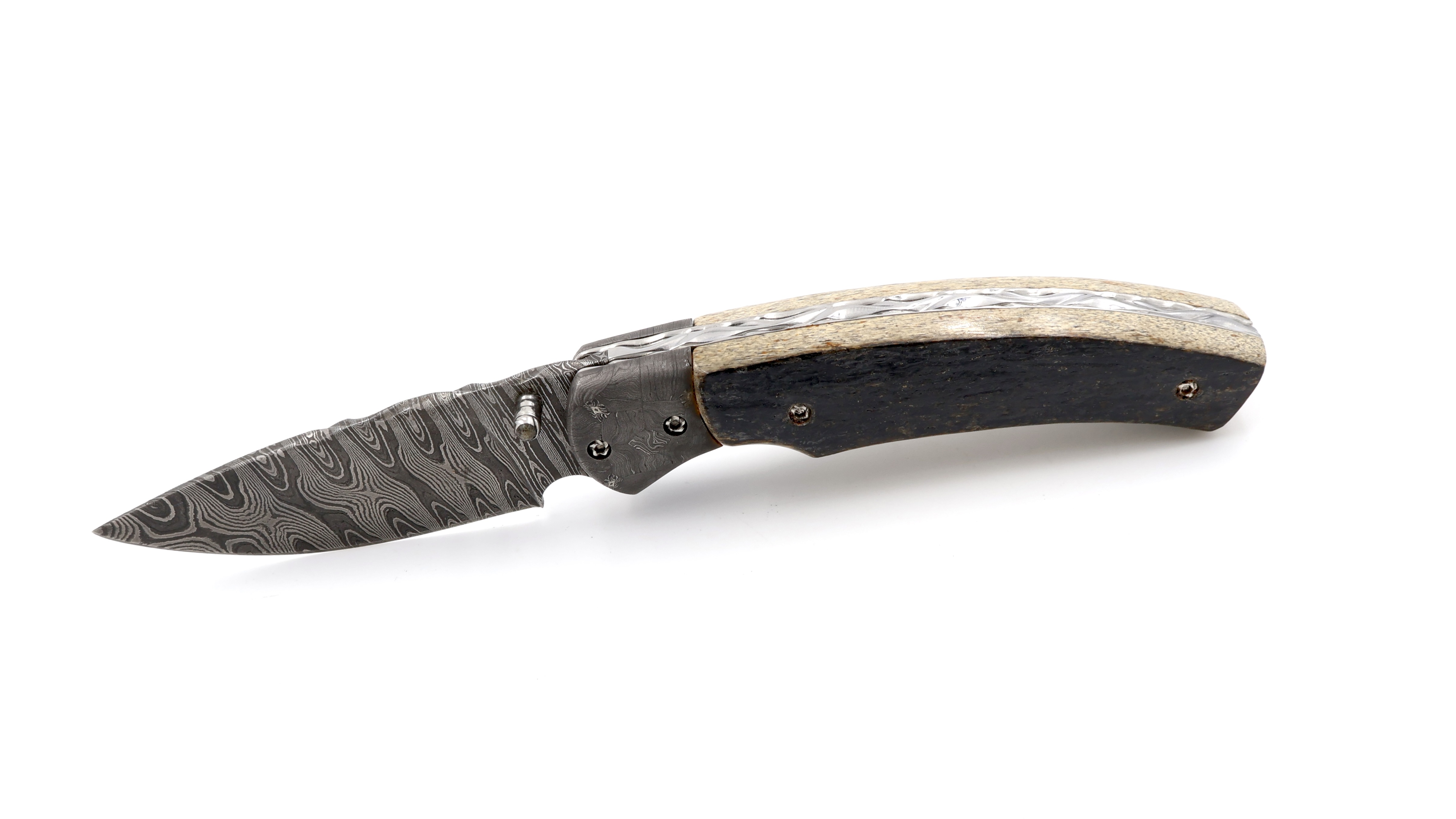 Olivier Moretti Linerlock Taschenmesser Mammutknochen Damastklinge Olivier Moretti Linerlock Taschenmesser Mammutknochen Damastklinge