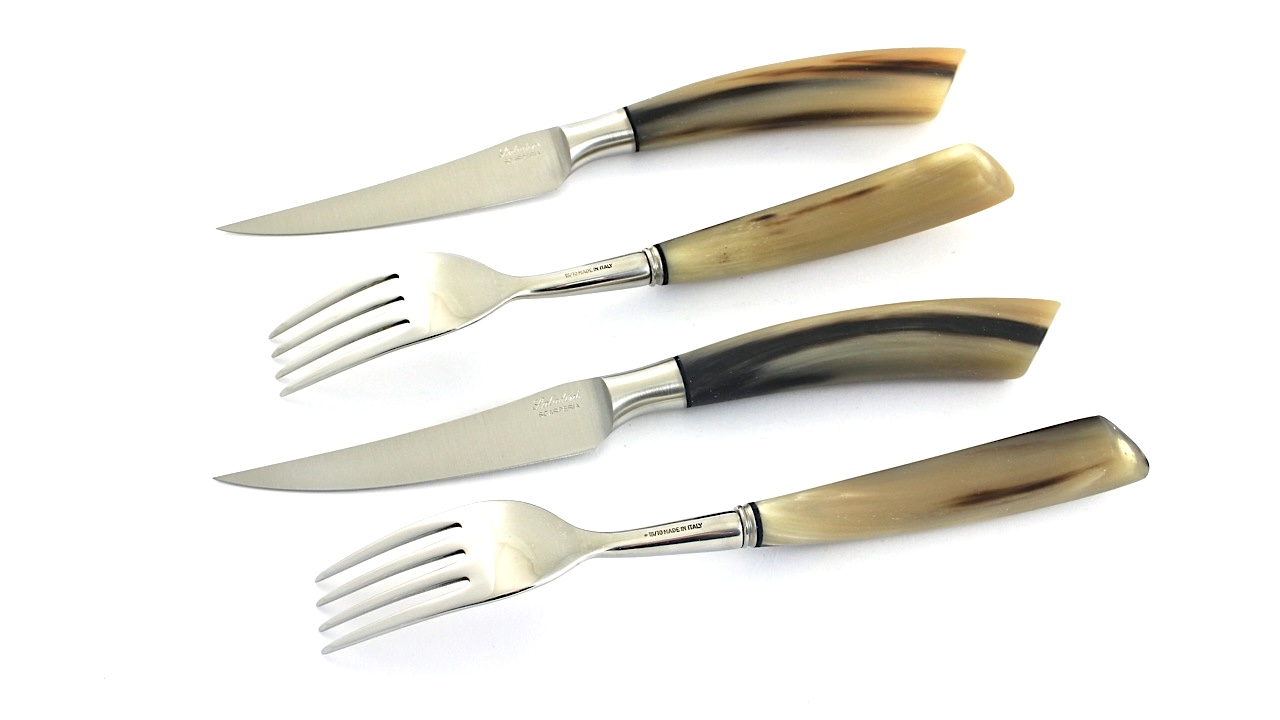 Saladini 2 Steakmesser 2 Gabeln Hornspitze Set für zwei Personen